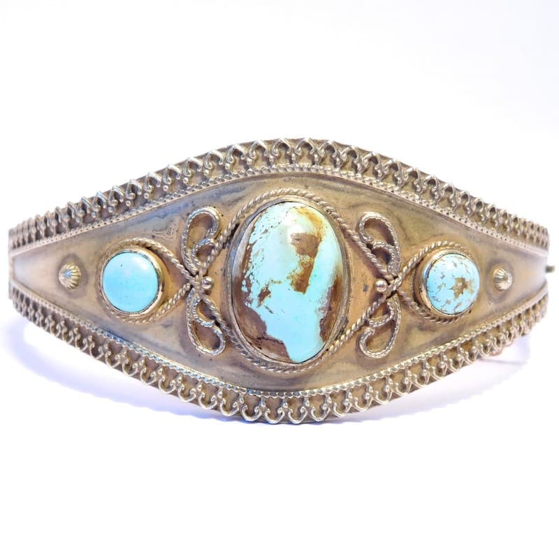 VICTORIAN GOLD GILT SILVER AND TURQUOISE BANGLE BRACELET