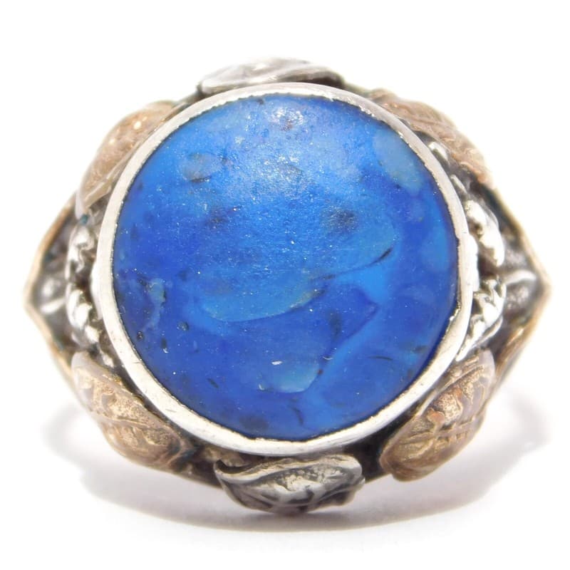 STERLING RING ARTS AND CRAFTS BLUE ART GLASS STONE