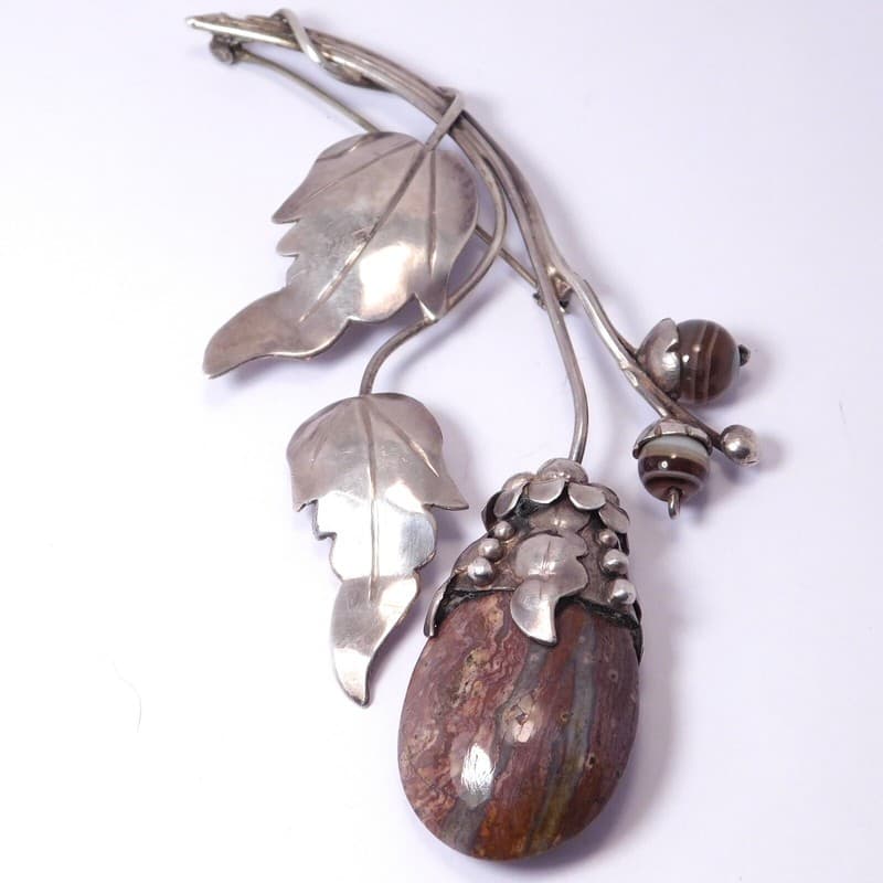 HANDMADE STERLING SILVER BROOCH AGATE JASPER ARTISAN MASTERPIECE