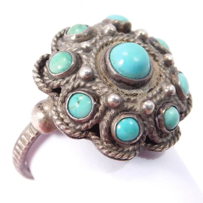 ITALIAN RING PERSIAN TURQUOISE 800 SILVER ETRUSCAN REVIVAL