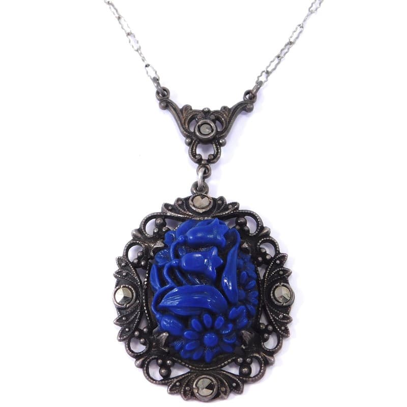 ART DECO NECKLACE STERLING GERMANY MARCASITE ART GLASS 1930