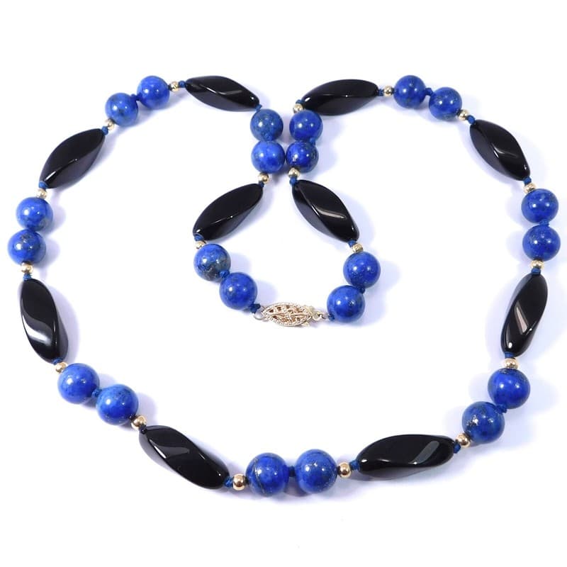 14K LAPIS LAZULI ONYX BEAD NECKLACE HAND KNOTTED 19 INCHES