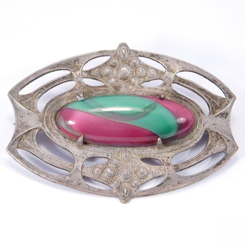 ARTS AND CRAFTS SILVER ART GLASS SASH PIN BROOCH