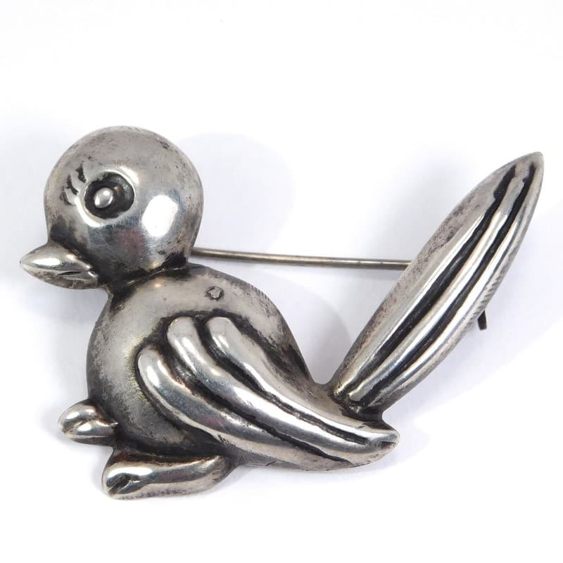 MID CENTURY MEXICAN SILVER BIRD BROOCH RARE UNIQUE DESIGN