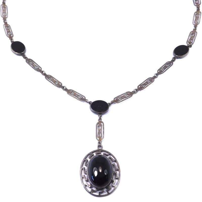 ART DECO NECKLACE STERLING SILVER ONYX PENDANT