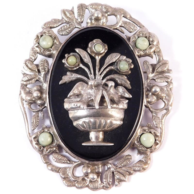 ROMANTIC VINTAGE JALISCO LOVE BIRDS BROOCH STERLING TURQUOISE ONYX
