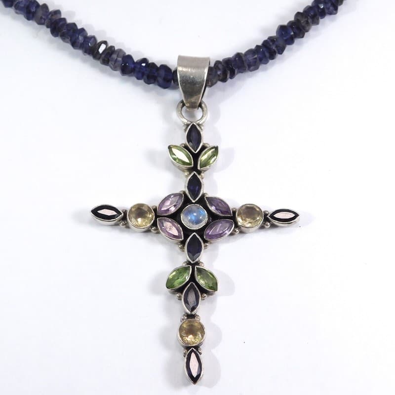 GEMSTONE NECKLACE PENDANT TANZANITE BEADS SILVER CROSS