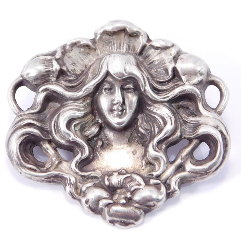 STERLING SILVER ART NOUVEAU LADY BROOCH SIGNED
