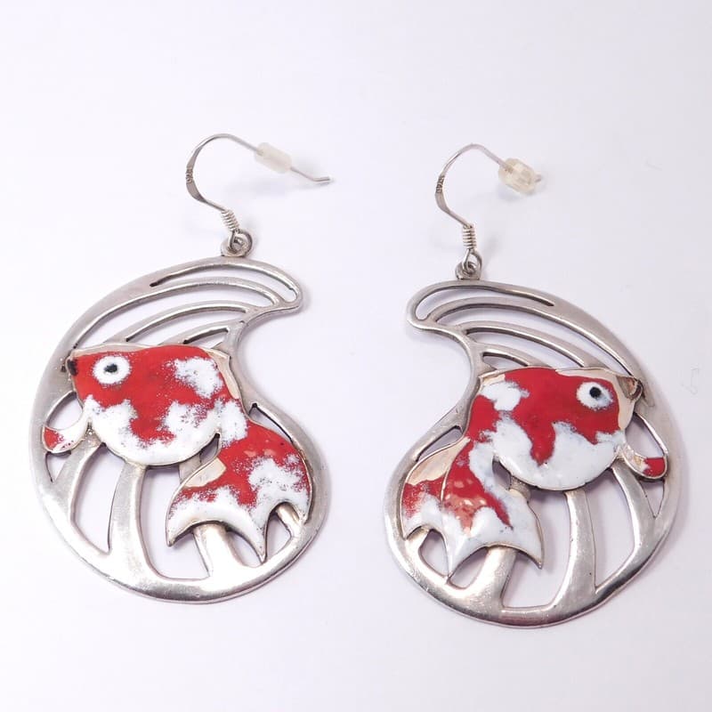 SUPER FUN 950 SILVER ENAMEL RED WHITE GOLDFISH KOI EARRINGS JAPANESE