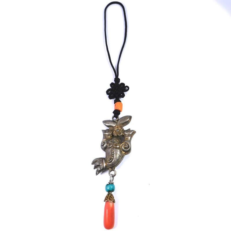 CHINESE SILVER CORAL TURQUOISE ORNATE DROP AMULET