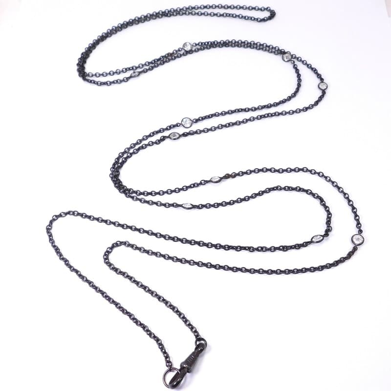 STUNNING VICTORIAN GUN METAL OPEN BACK CRYSTAL WATCH MUFF CHAIN