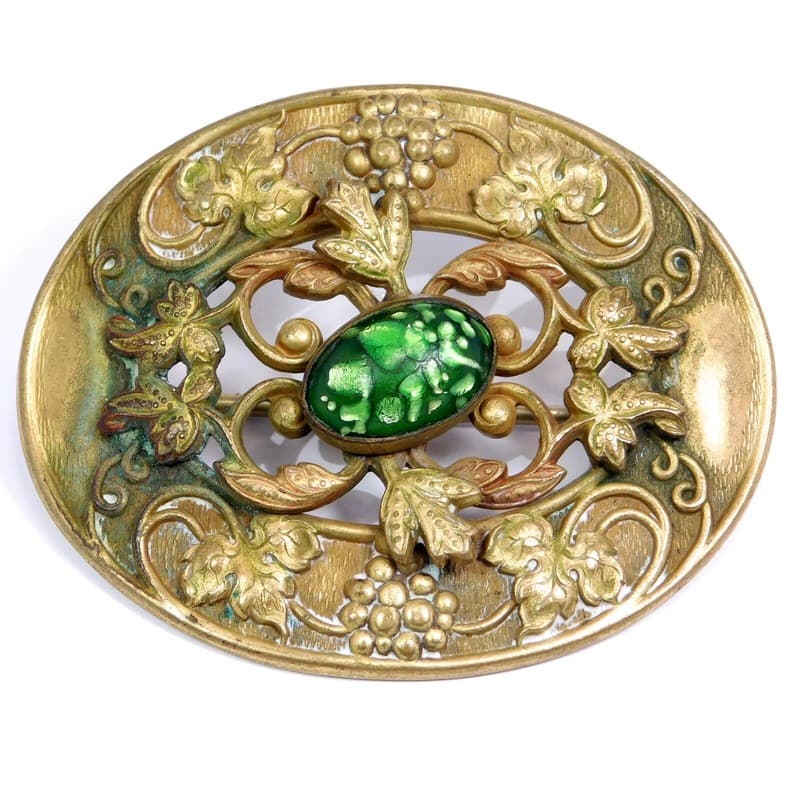 VICTORIAN BRASS AND GLASS SASH PIN GREEN ART GLASS