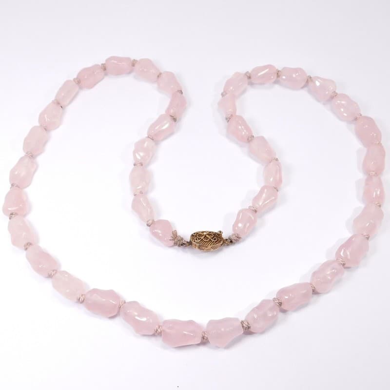 OLD CHINESE ROSE QUARTZ POLISHED NUGGET BEADED NECKLACE HAND KNOTTED
