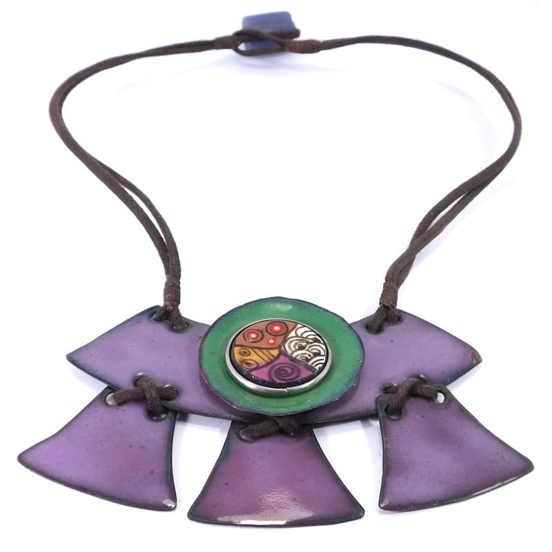 SUPER COOL ARTISAN ENAMEL ON METAL LEATHER NECKLACE