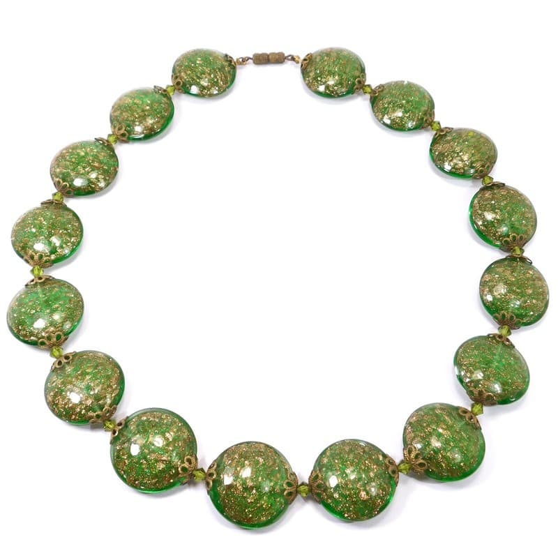 SWEET VENETIAN BEAD NECKLACE GREEN GOLD FLAT BEADS RARE