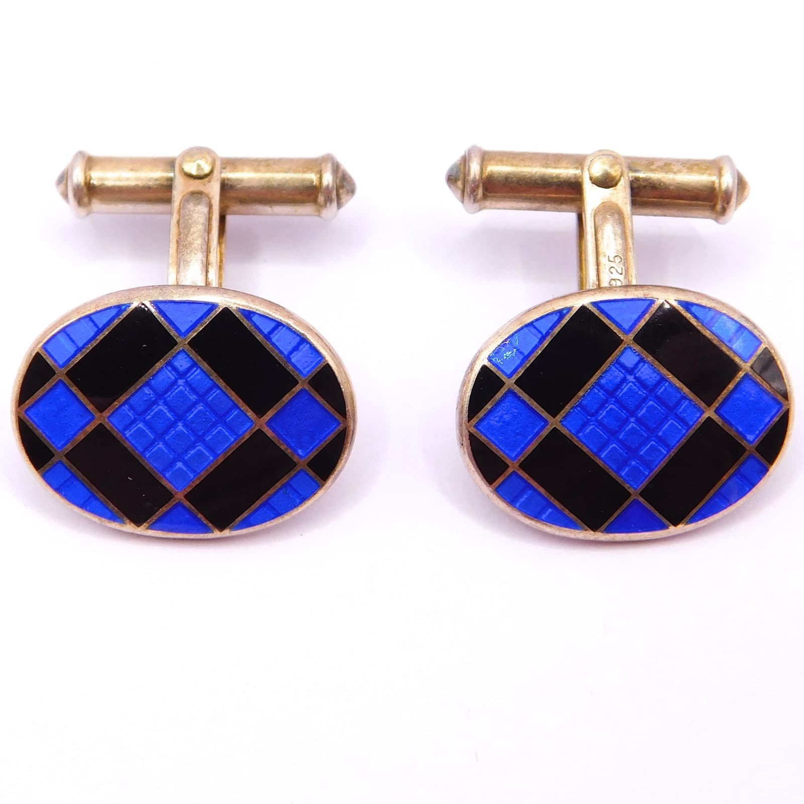 ELEGANT BLUE ENAMEL &amp; STERLING SILVER CHECKERED CUFFLINKS