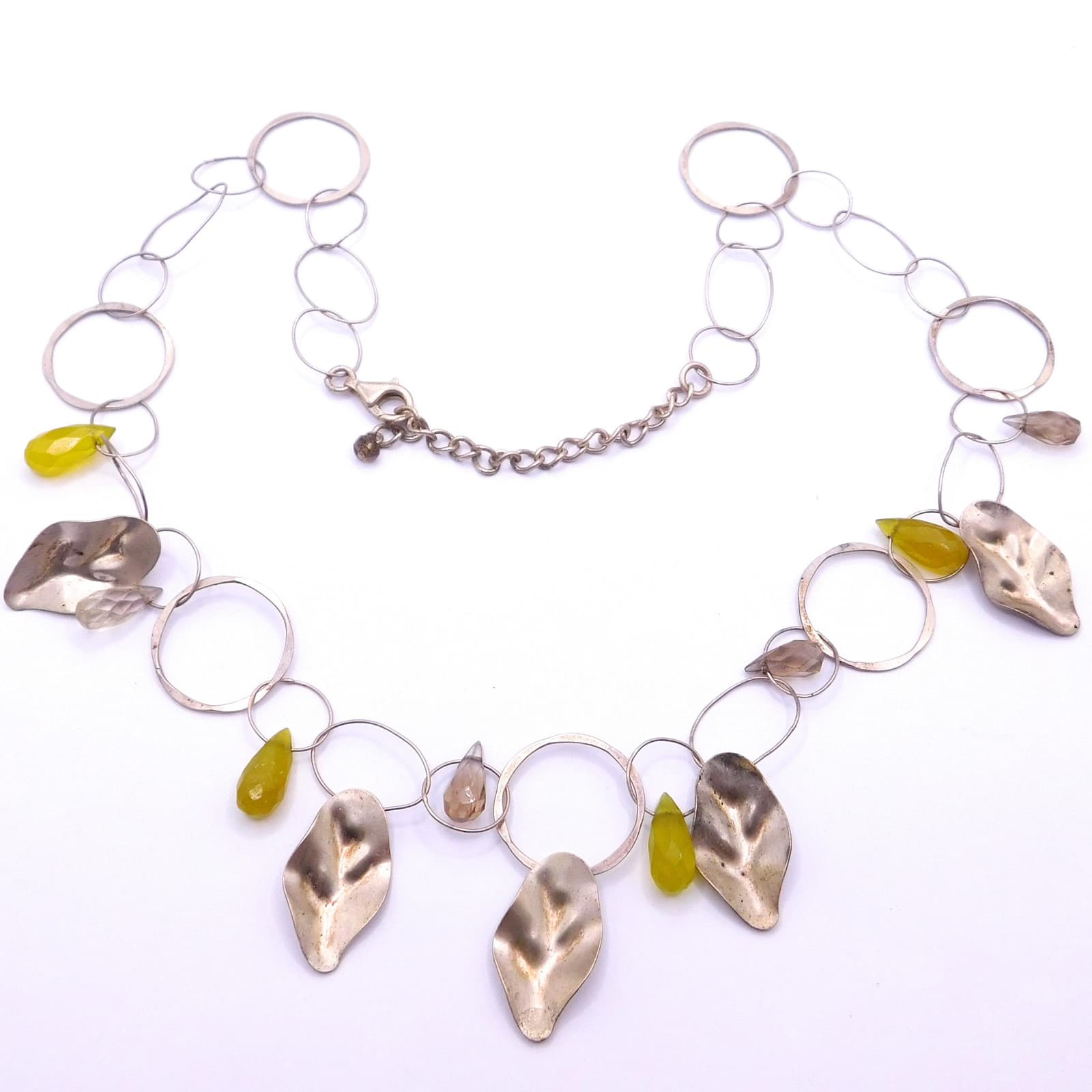 MODERNIST STERLING SILVER LEAF AND FACETED QUARTZ BRIOLETTE NECKLACE