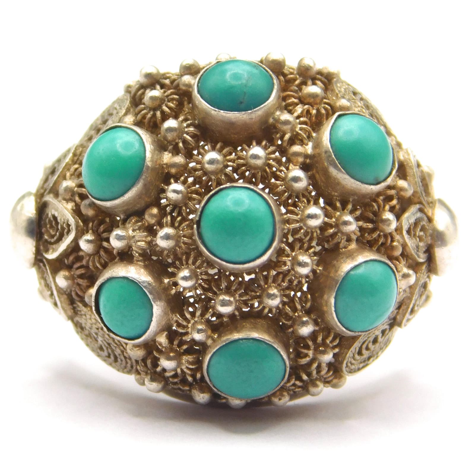 EXQUISITE CHINESE SILVER FILIGREE TURQUOISE DOME RING