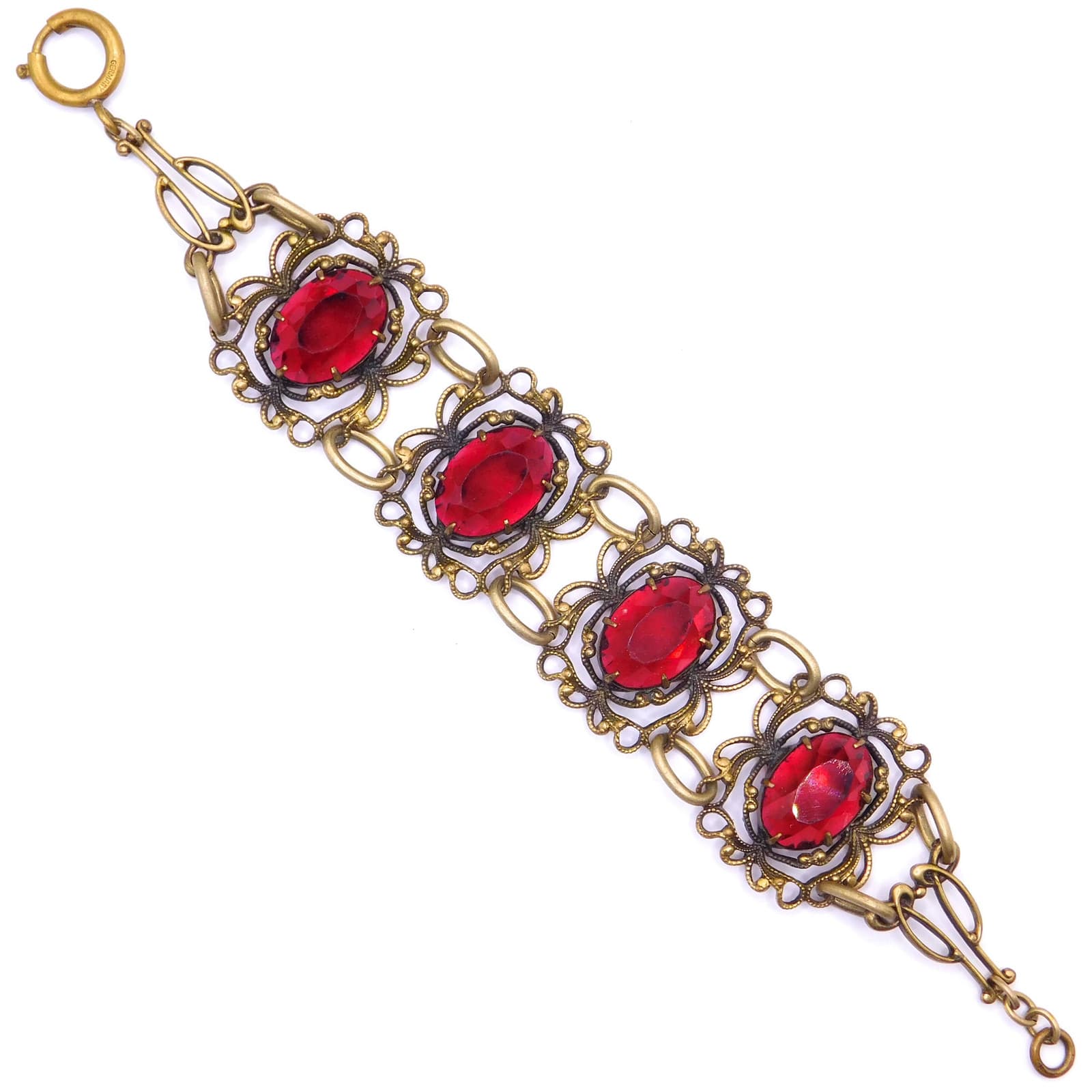 ELEGANT ART NOUVEAU BRASS & GARNET GLASS BRACELET