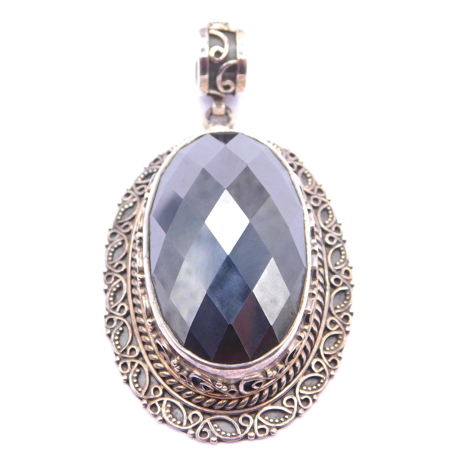 ELEGANT STERLING SILVER MODERN ETRUSCAN FACETED HEMATITE PENDANT