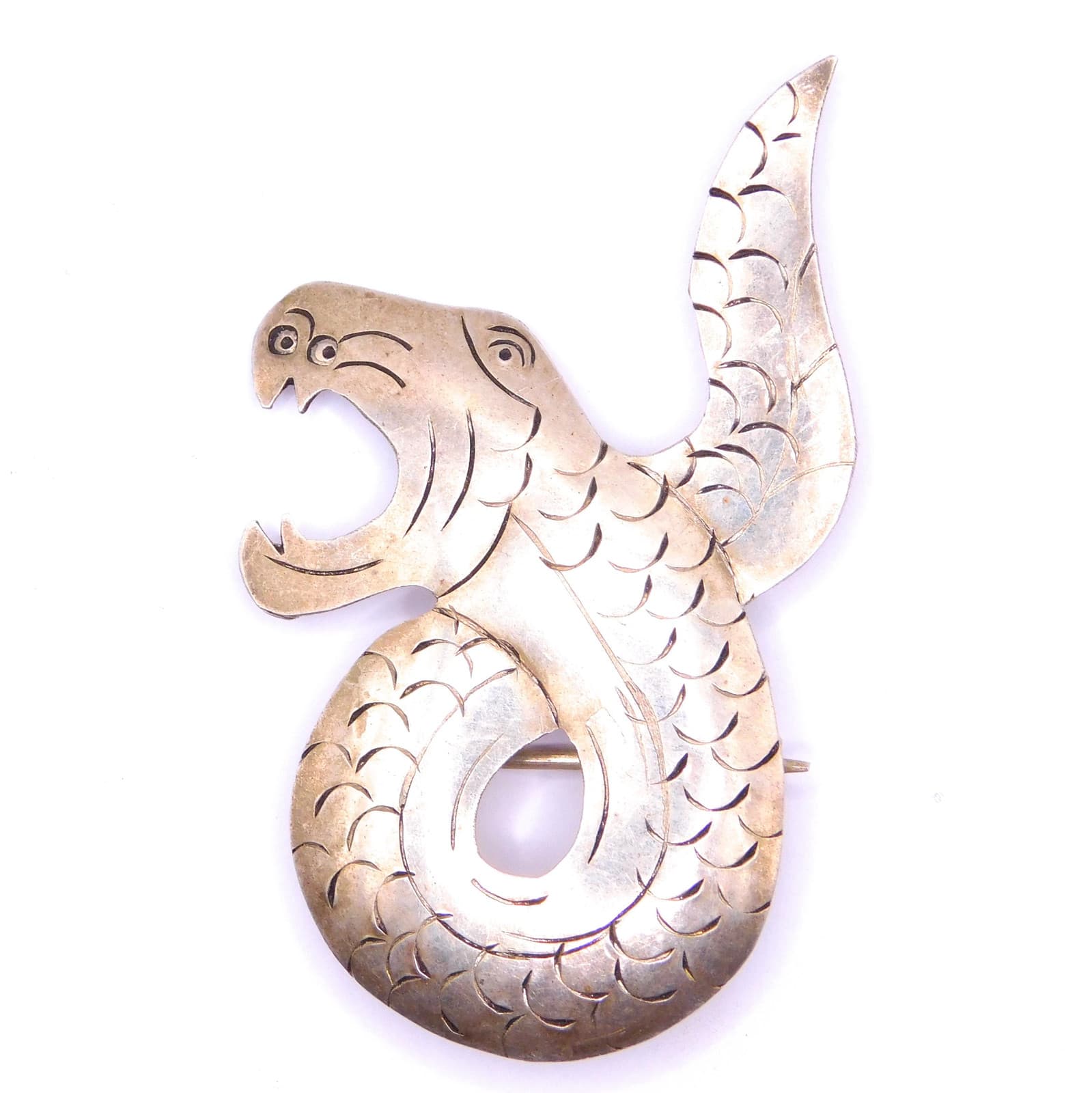 VINTAGE HANDMADE ARTISAN STERLING SILVER SERPENT BROOCH