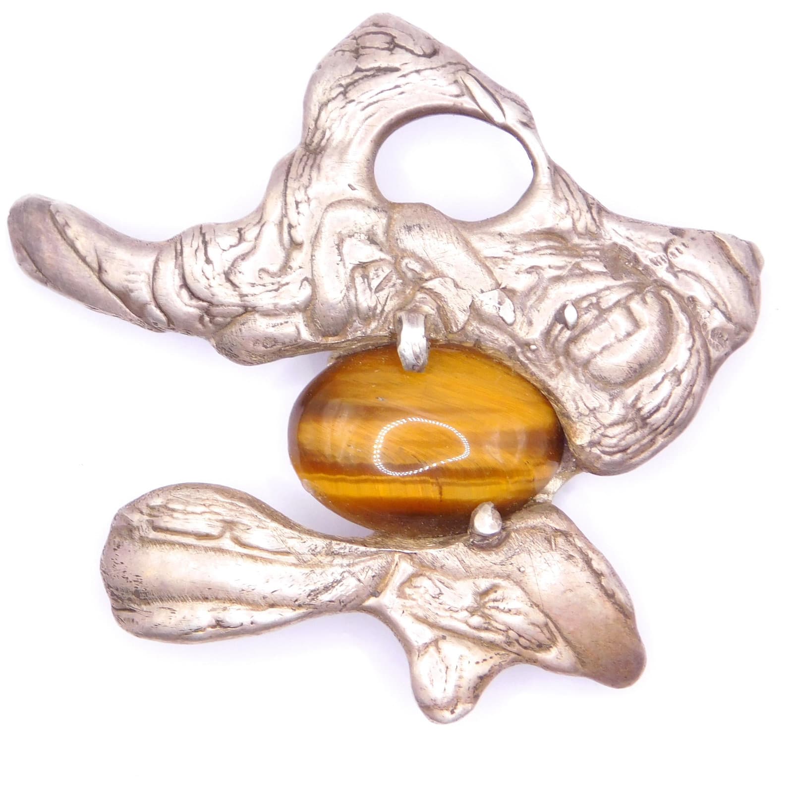 STRIKING BRUTALIST TIGER'S EYE & SILVER ABSTRACT BROOCH