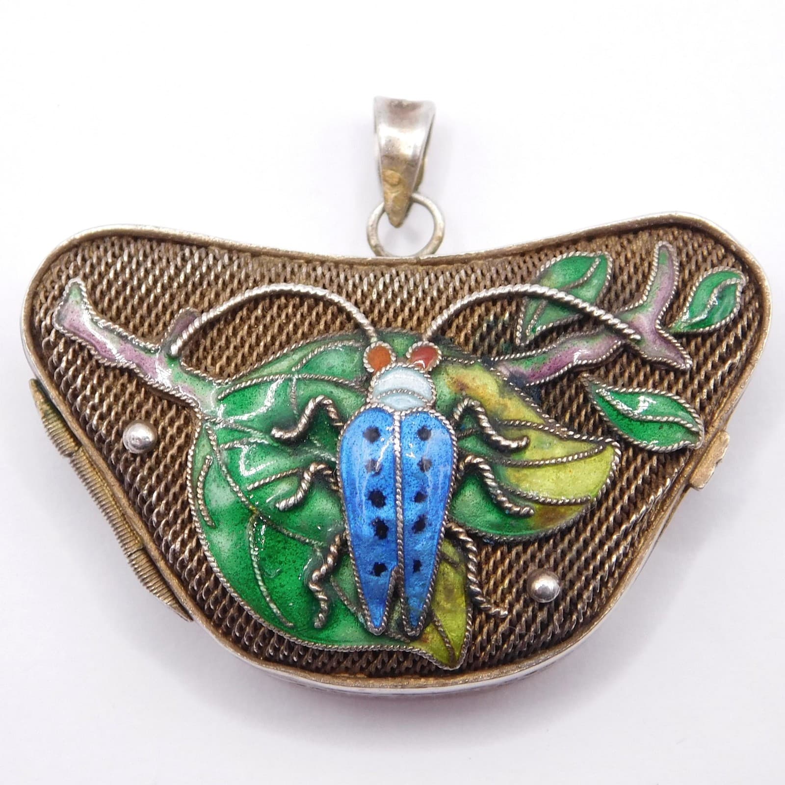 OLD CHINESE SILVER ENAMEL BEETLE LOCKET PENDANT