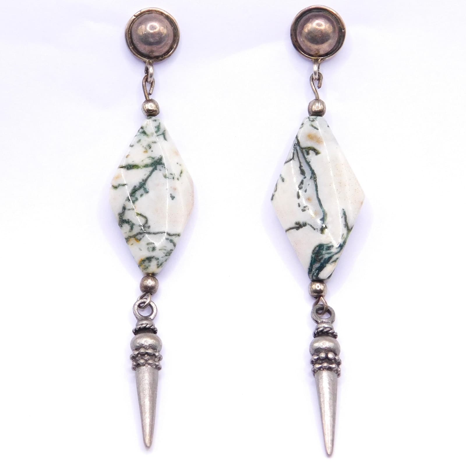 DRAMATIC MOSS AGATE STERLING SILVER SPIKE DANGLE EARRINGS