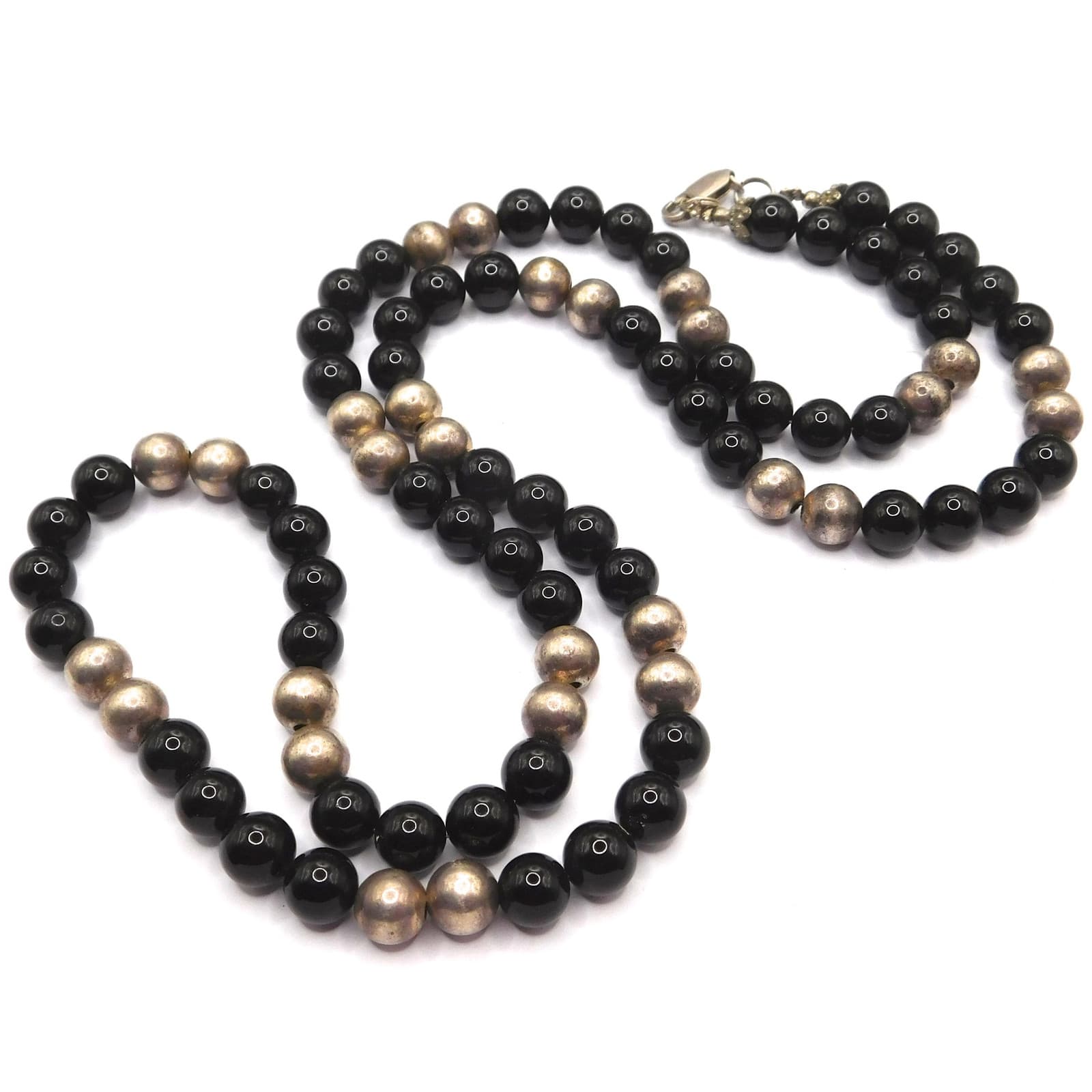 BLACK ONYX STERLING SILVER BALLS BEADED NECKLACE 30"