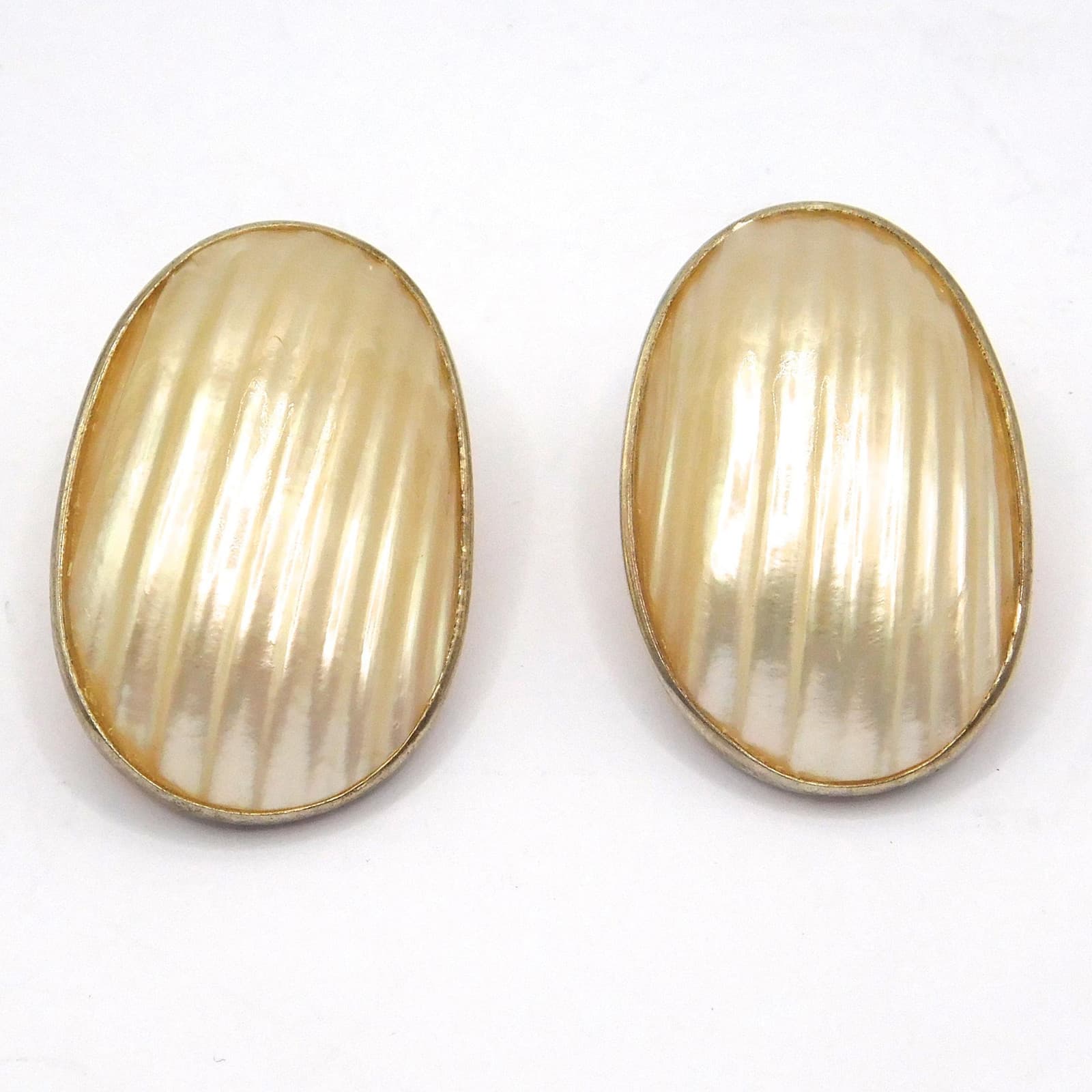 RARE MOTHER OF PEARL & STERLING MODERNIST OVAL EARRINGS