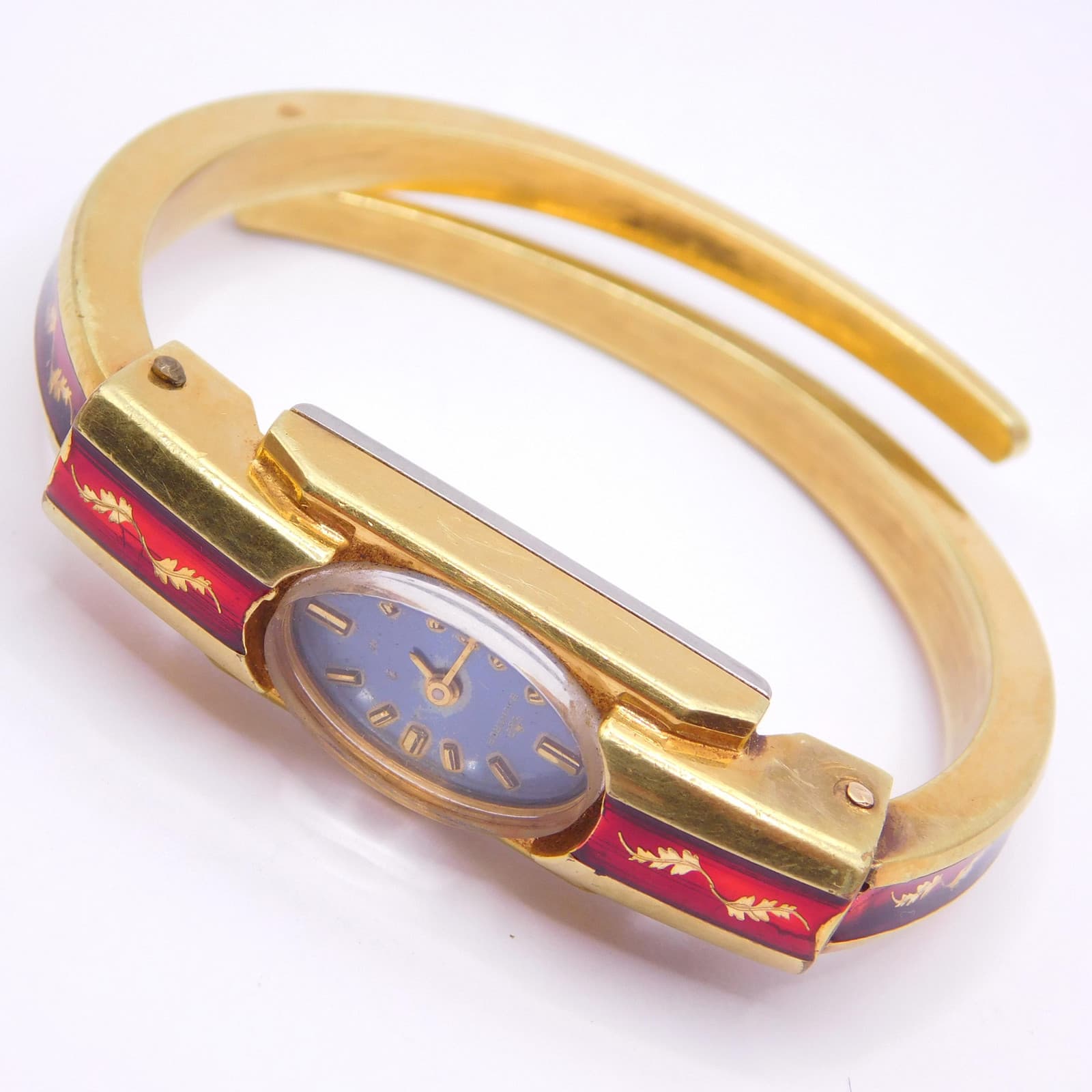 ELEGANT BUCHERER GOLD-PLATED & RED ENAMEL MID-CENTURY BANGLE WATCH