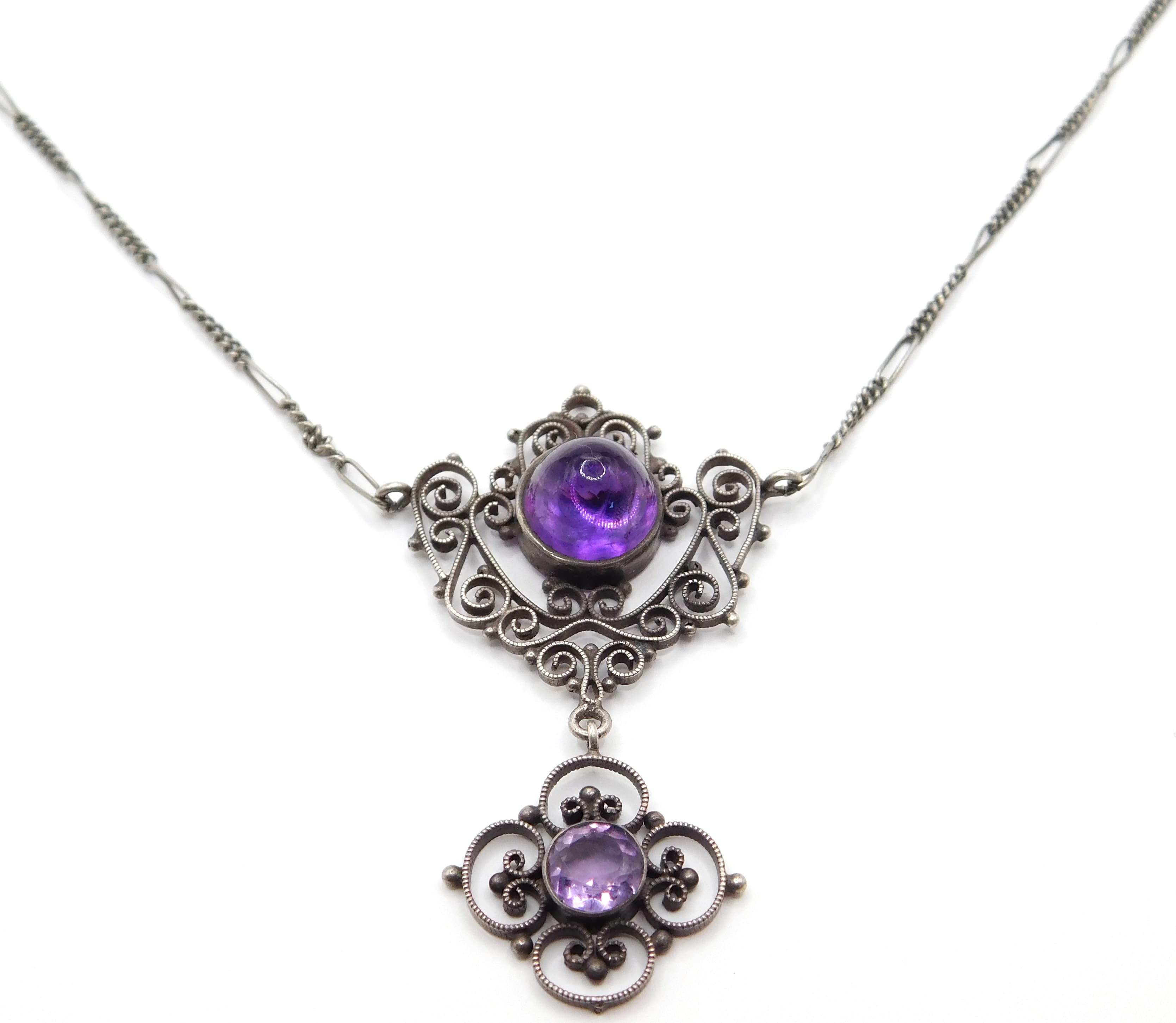 AUSTRIAN-HUNGARIAN FILIGREE STERLING SILVER AMETHYST PENDANT NECKLACE