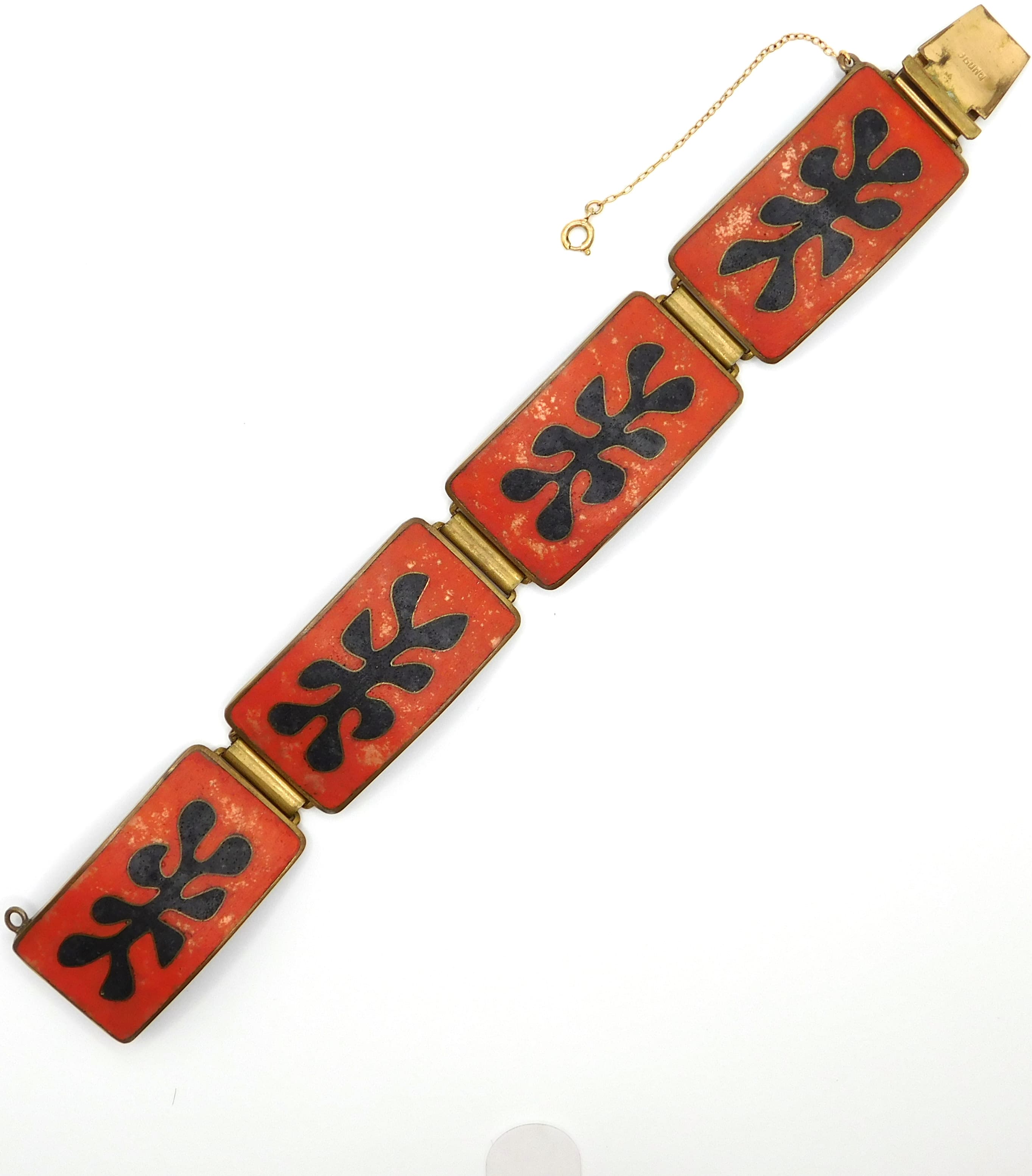 MODERNIST ENAMEL BRASS BRACELET FLAME MOTIF SIGNED BUNGE