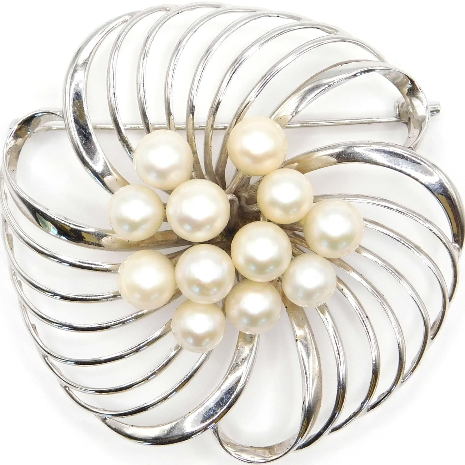 STERLING SILVER PEARL SWIRL BROOCH, VINTAGE CULTURED PEARL PIN