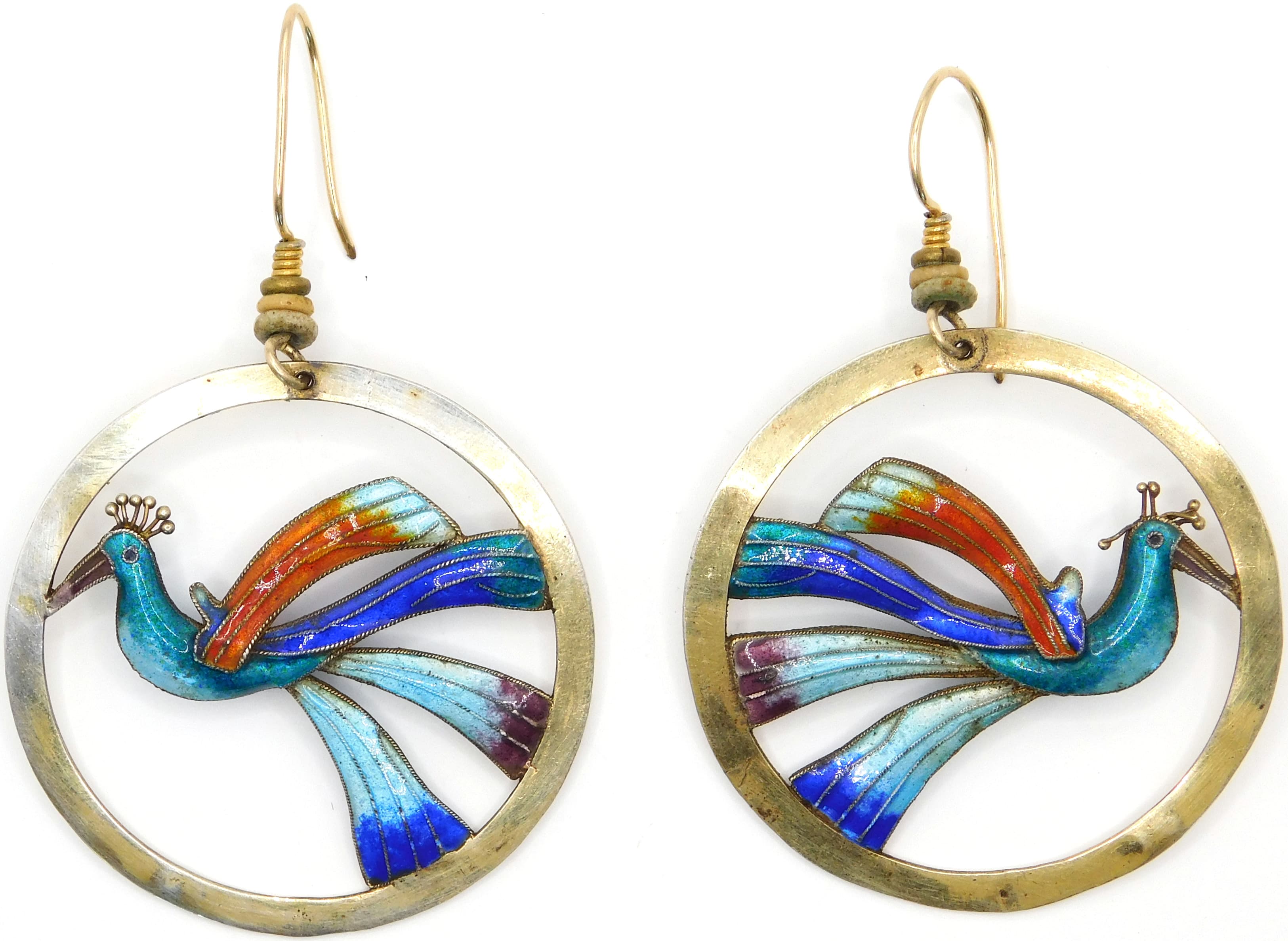 VINTAGE CHINESE SILVER CLOISONNÉ BIRD OF PARADISE HOOP EARRINGS