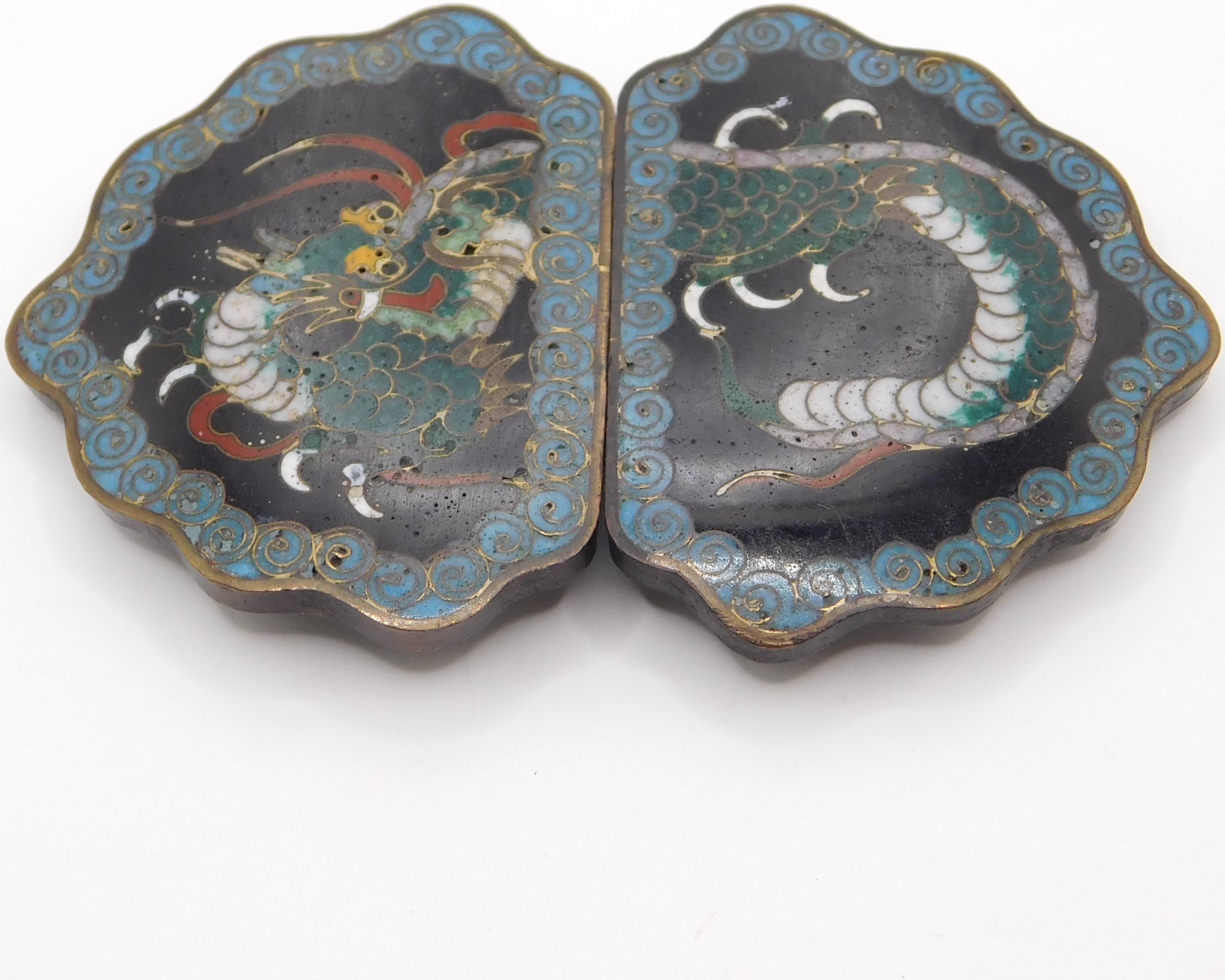ANTIQUE JAPANESE CLOISONNÉ DRAGON BELT BUCKLE TURQUOISE & BLACK ENAMEL