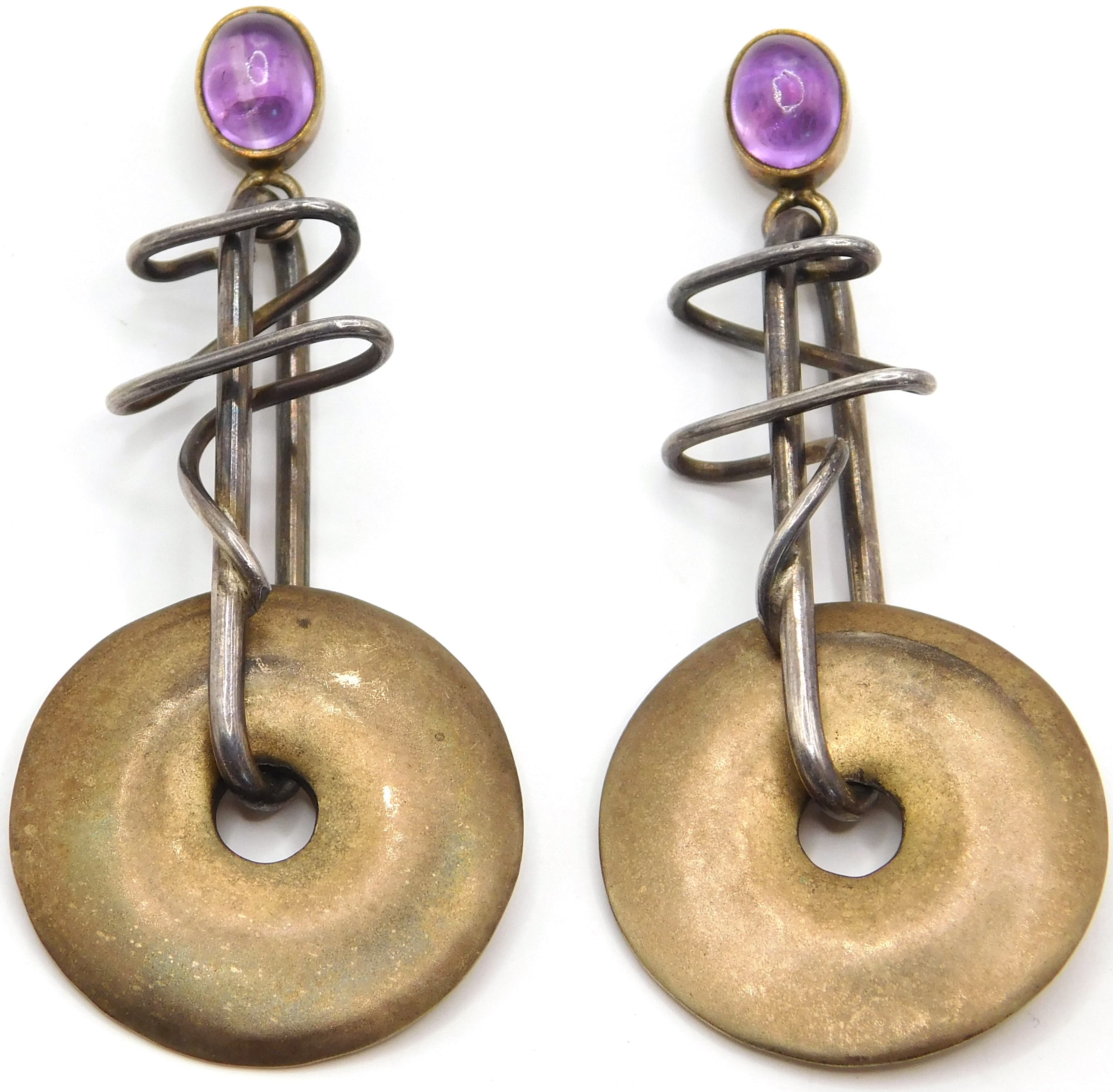 AMETHYST CABOCHON BRUTALIST WIRE-WRAP DANGLE EARRINGS, MIXED METAL