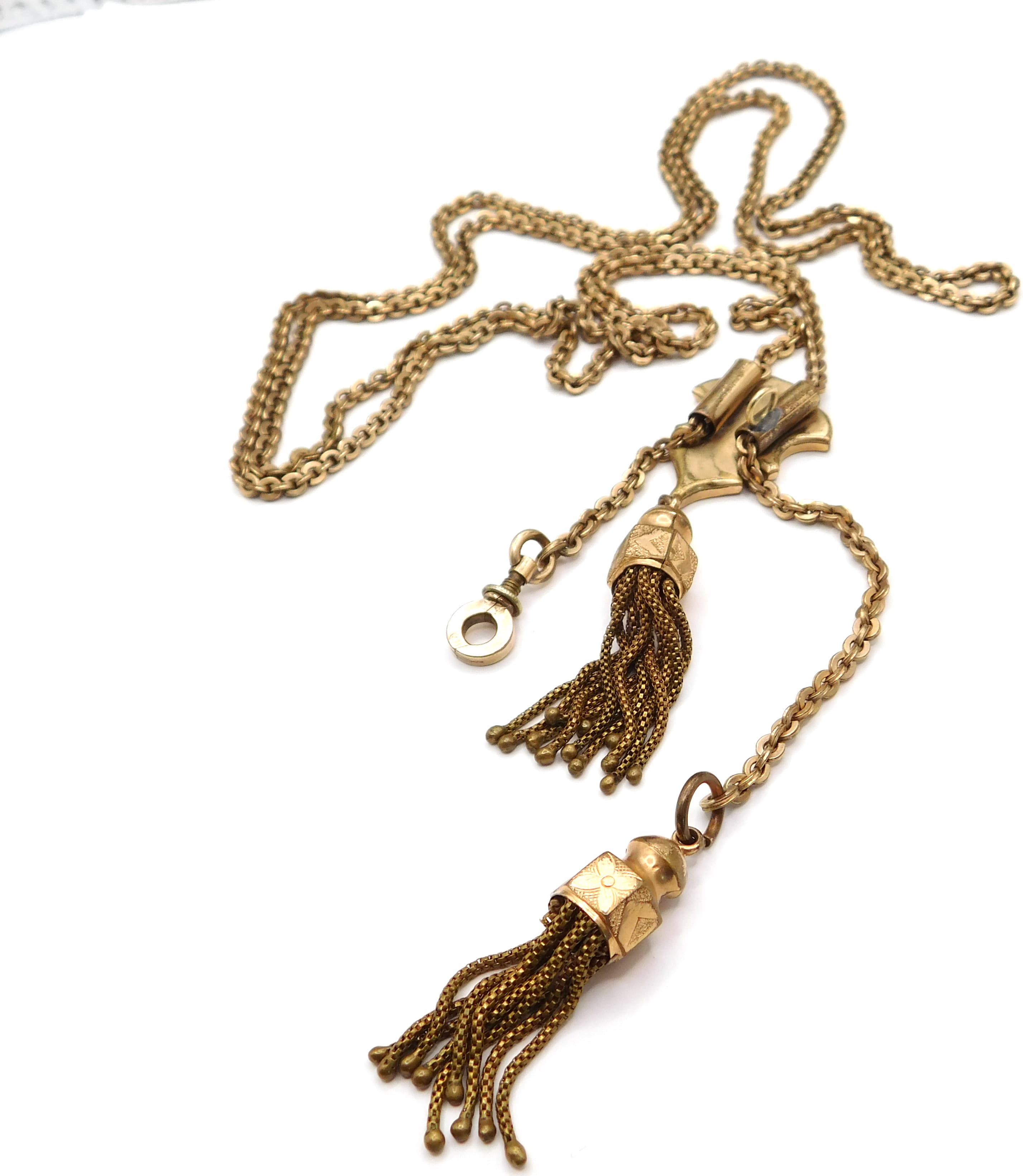VICTORIAN GOLD-FILLED LONG GUARD CHAIN WITH DOUBLE TASSEL FOBS