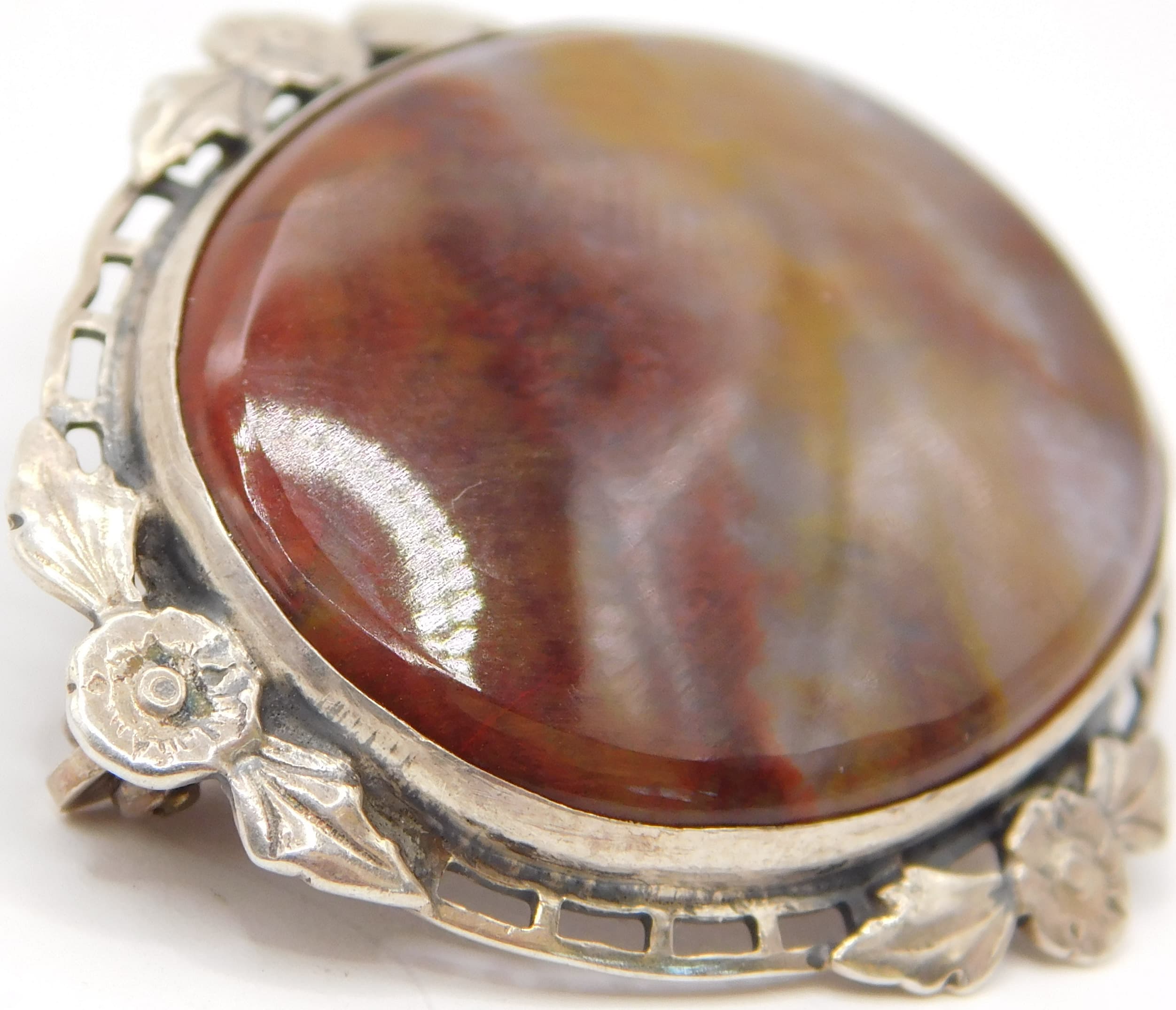 ANTIQUE STERLING SILVER MOSS AGATE FLORAL BROOCH