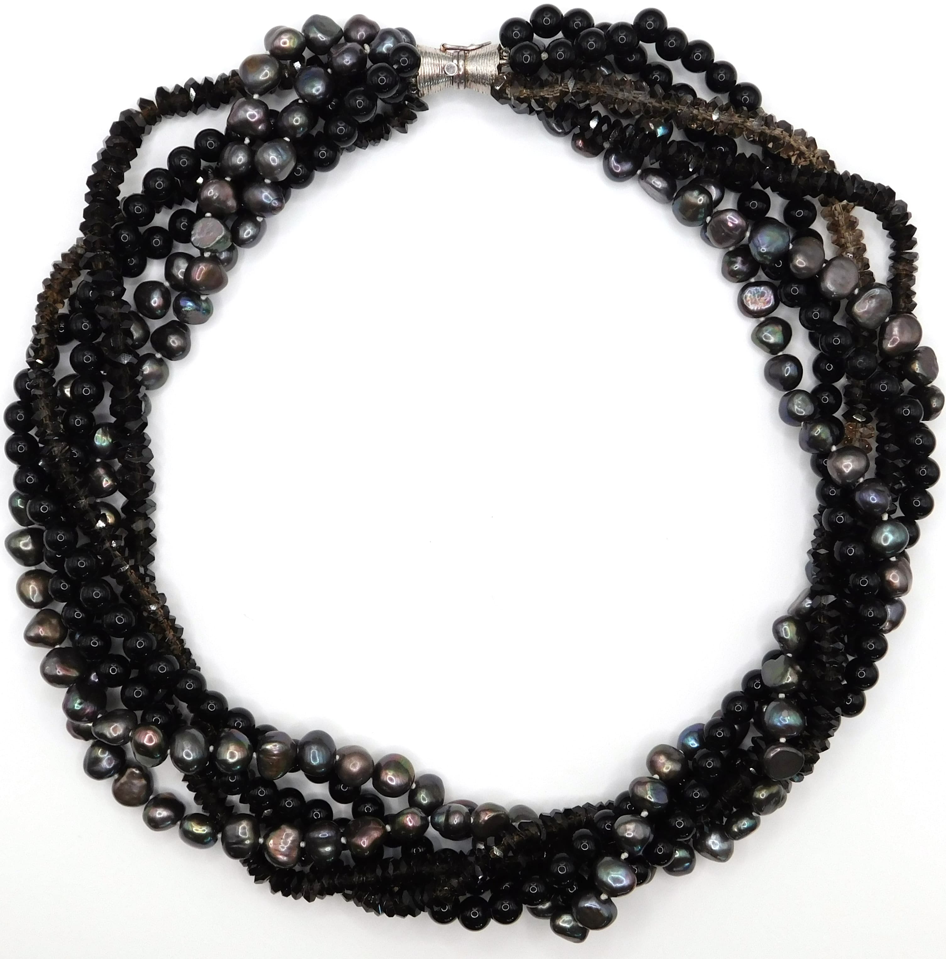 LUXE MULTI-STRAND BLACK PEARL, ONYX & SMOKY QUARTZ TORSADE NECKLACE