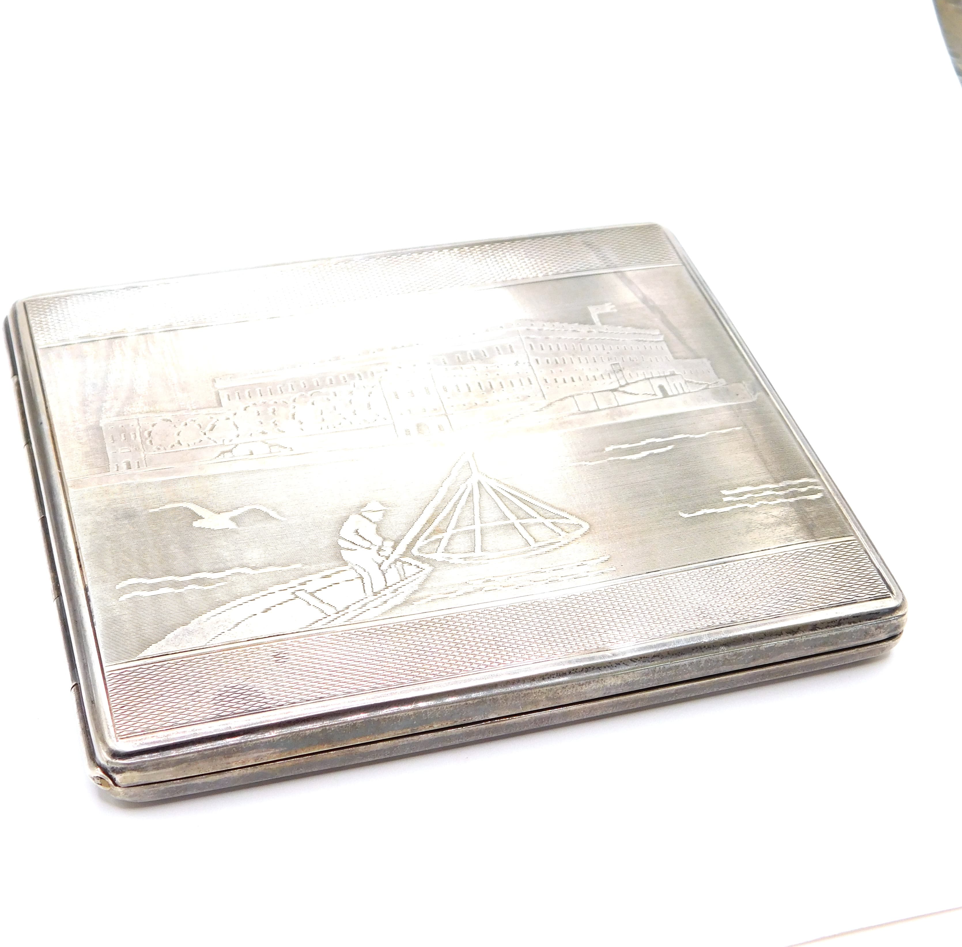 OLD SWEDISH 930 SILVER ENGRAVED CIGARETTE CASE WITH FORTRESS SCENE