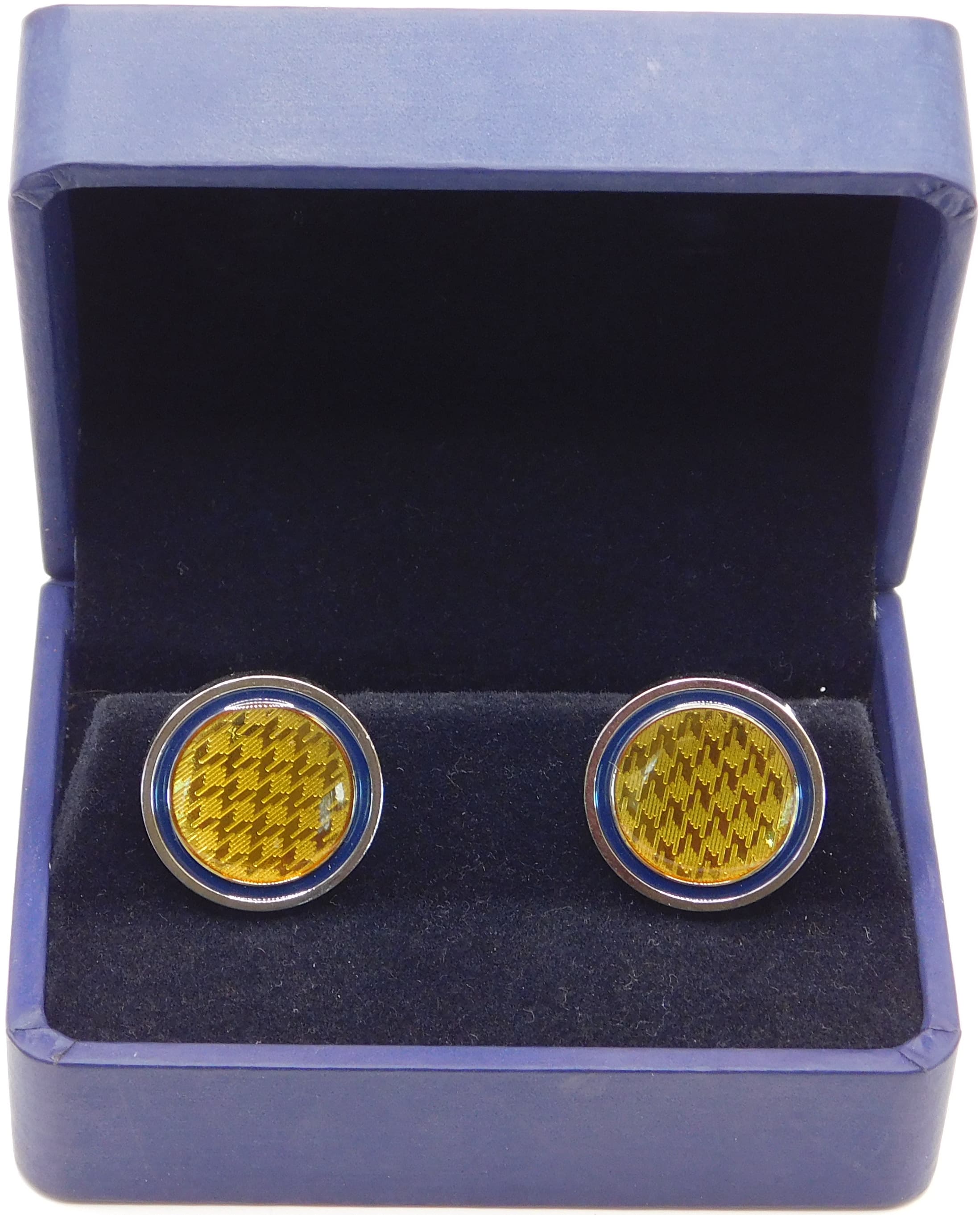 DAPPER GOLDEN HOUNDSTOOTH & NAVY ENAMEL STERLING CUFFLINKS
