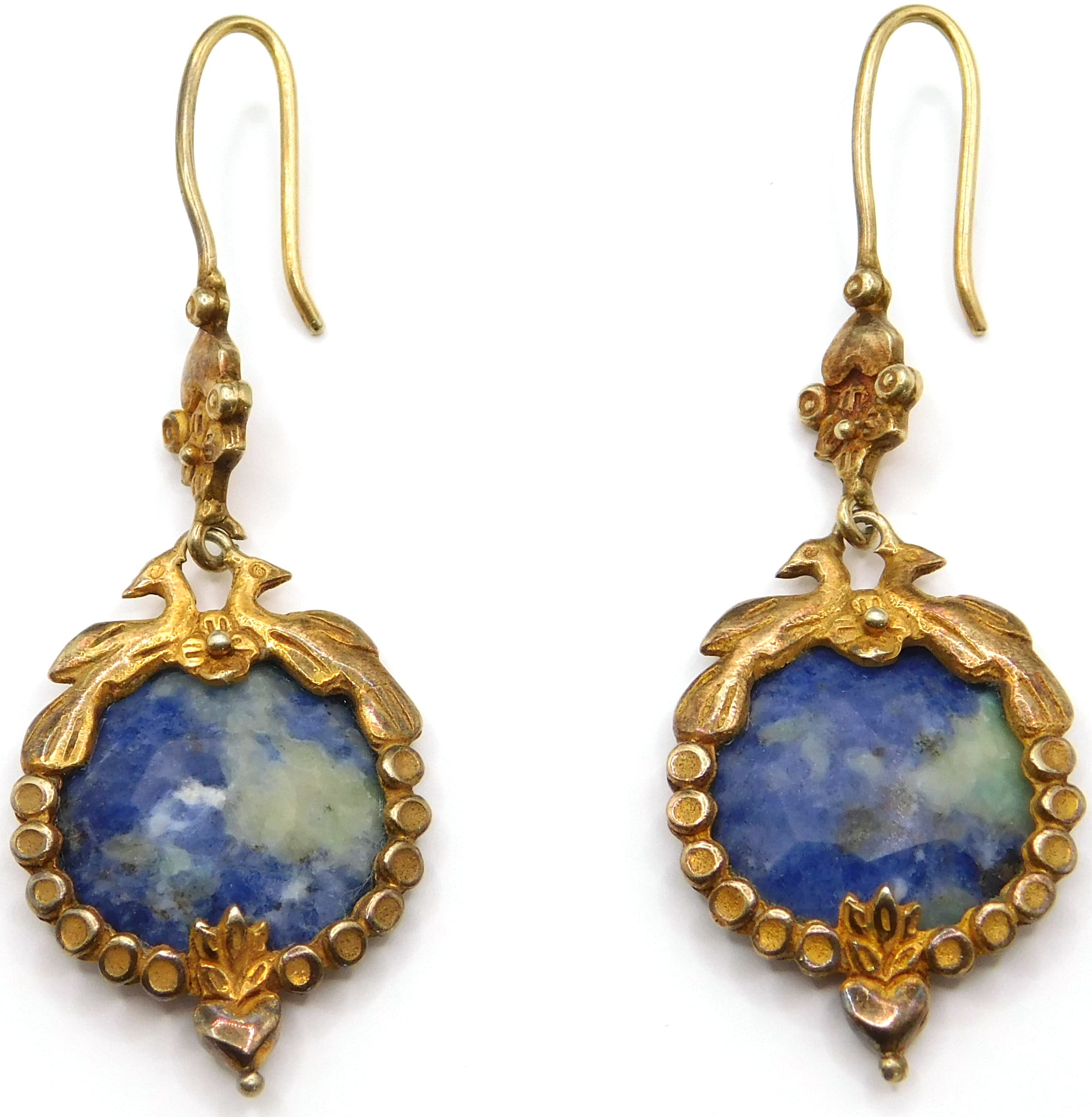 GOLD-WASHED STERLING SILVER SODALITE BIRD & HEART DROP EARRINGS