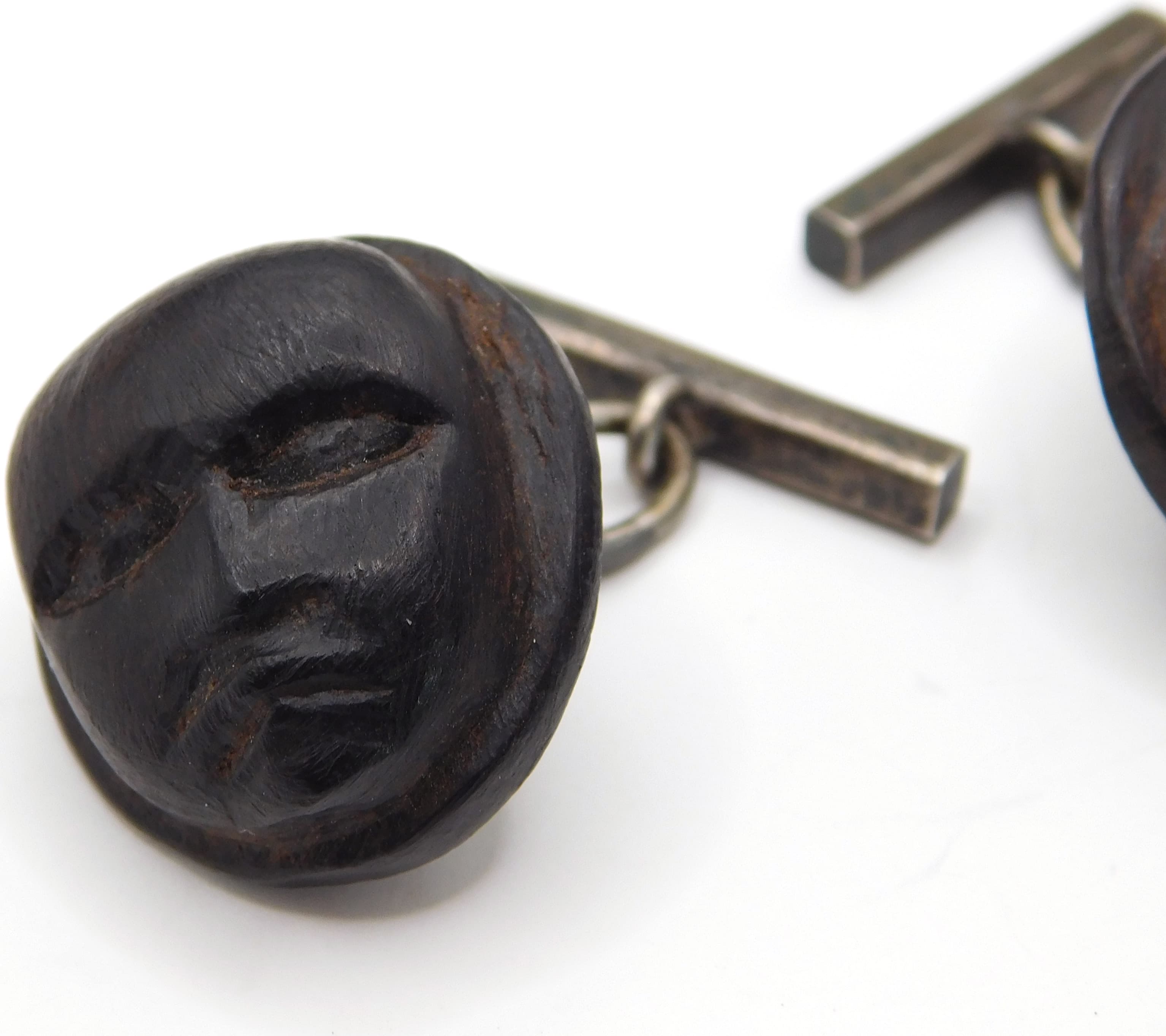CARVED IRONWOOD TRIBAL FACE CUFFLINKS WITH STERLING SILVER CHAIN TOGGLE