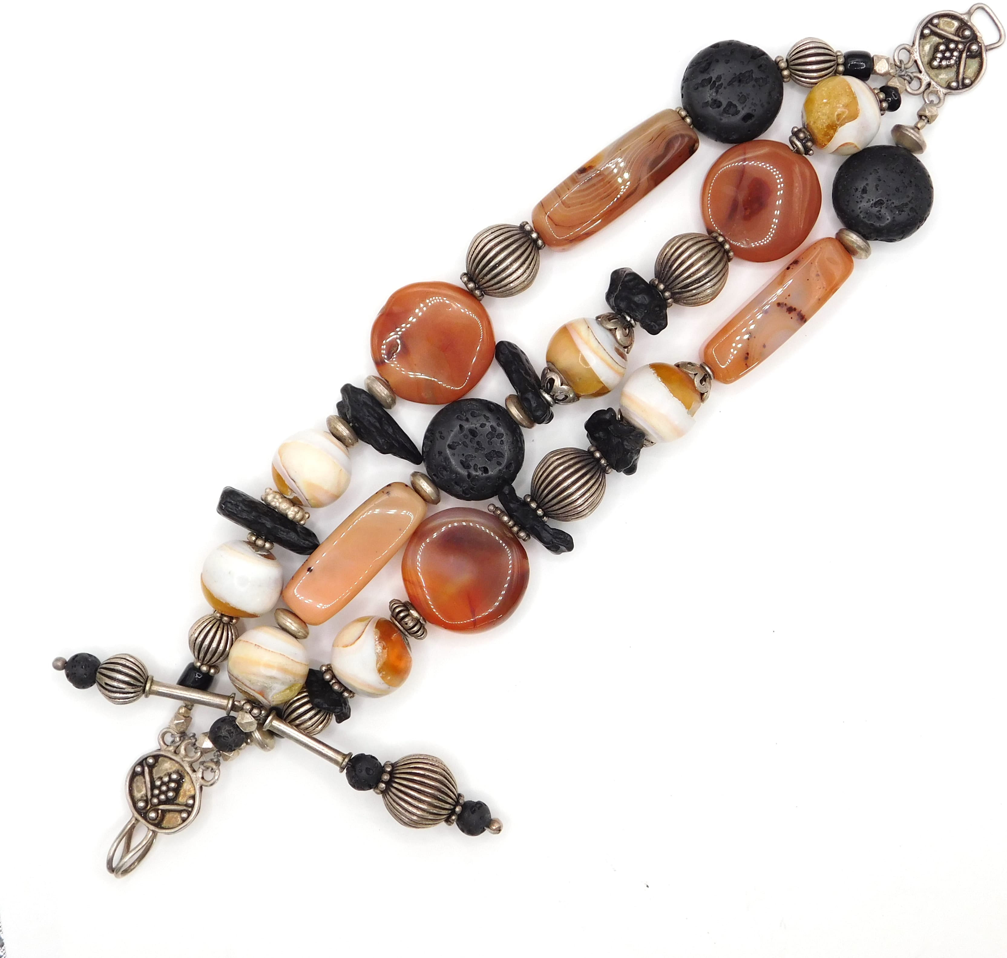 STUNNING CHUNKY STERLING SILVER CARNELIAN & LAVA STONE TRIPLE STRAND BRACELET