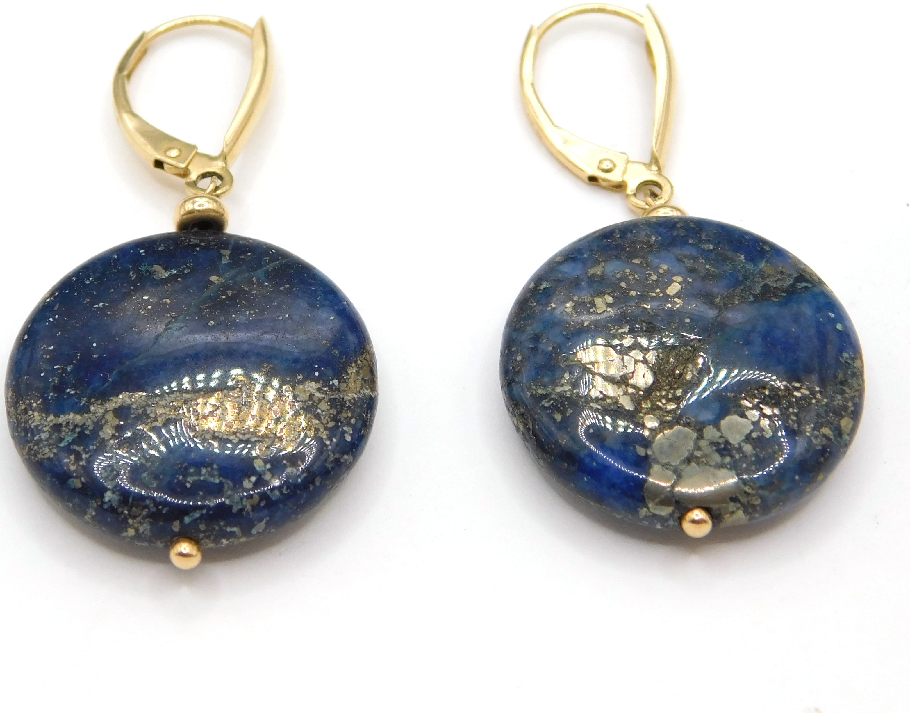 LUMINOUS 14K LAPIS LAZULI COIN DROP EARRINGS WITH PYRITE INCLUSIONS