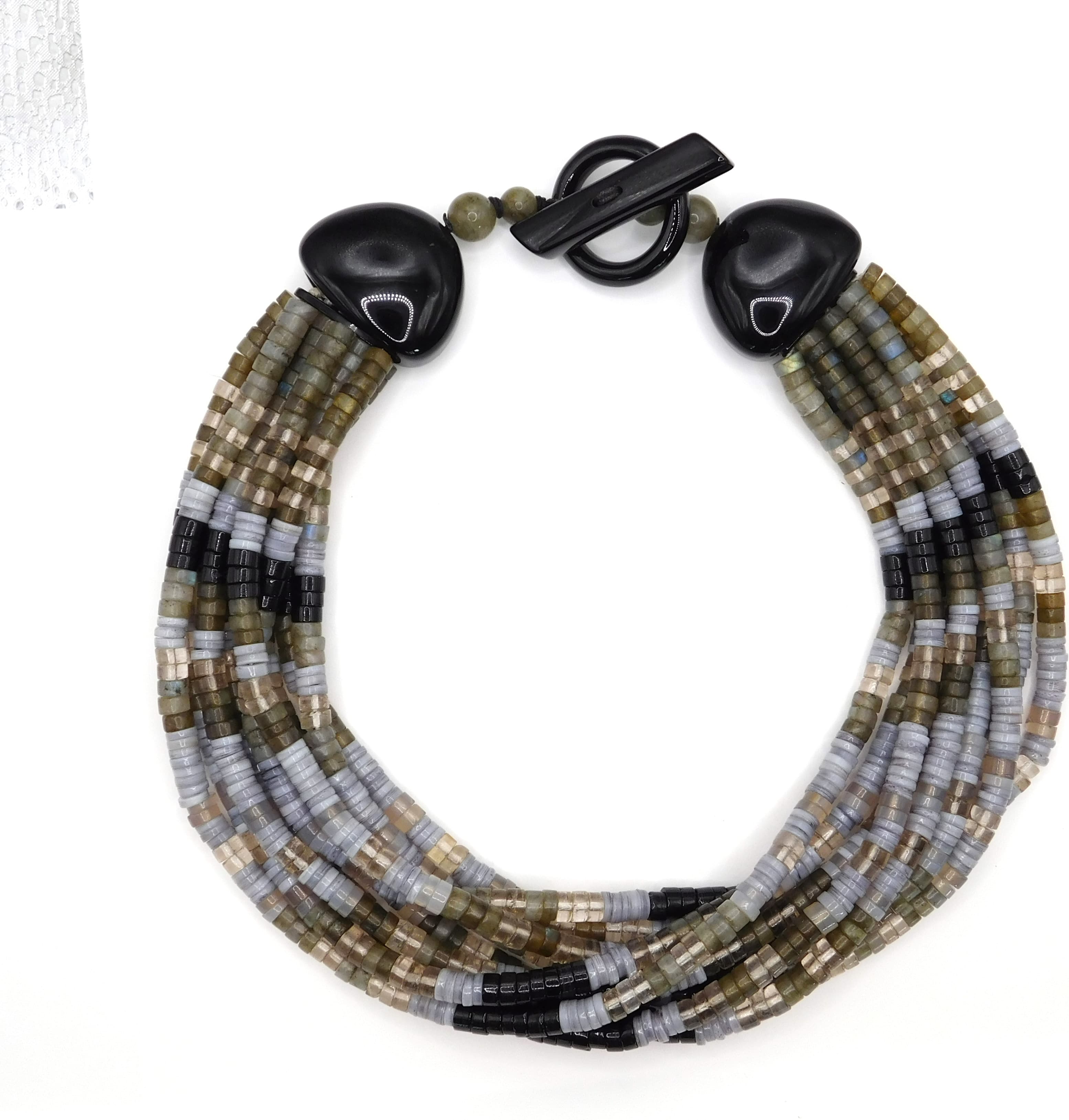 STATEMENT MULTI-STRAND LABRADORITE & ONYX BEADED TORSADE NECKLACE