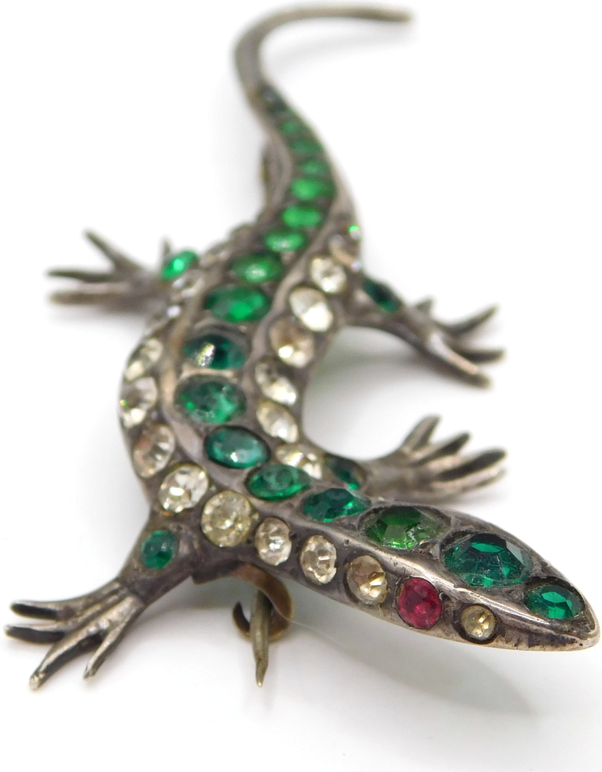 ANTIQUE 800 SILVER PASTE LIZARD BROOCH, VICTORIAN REVIVAL SALAMANDER PIN