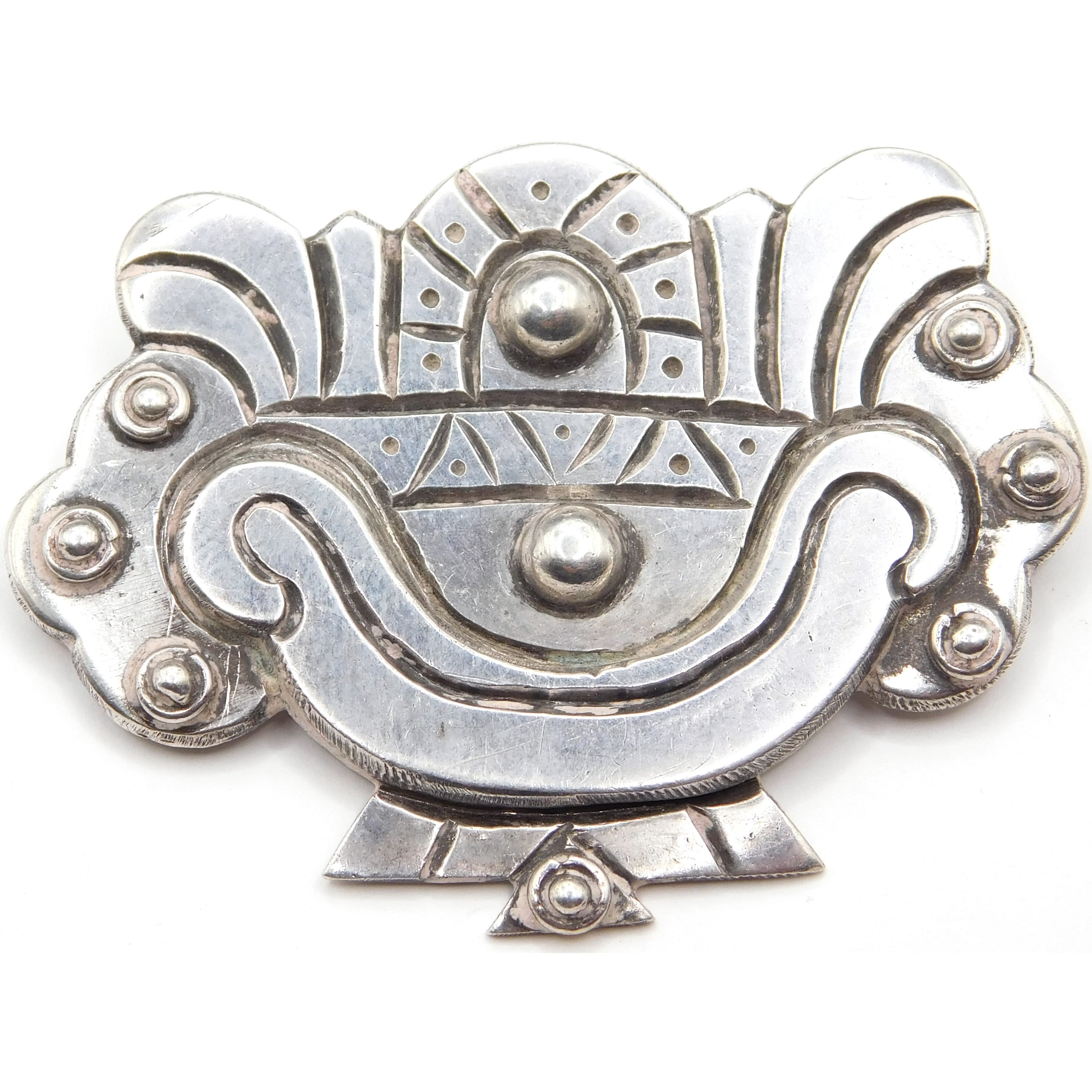 BOLD VINTAGE TAXCO 980 SILVER AZTEC REVIVAL BROOCH
