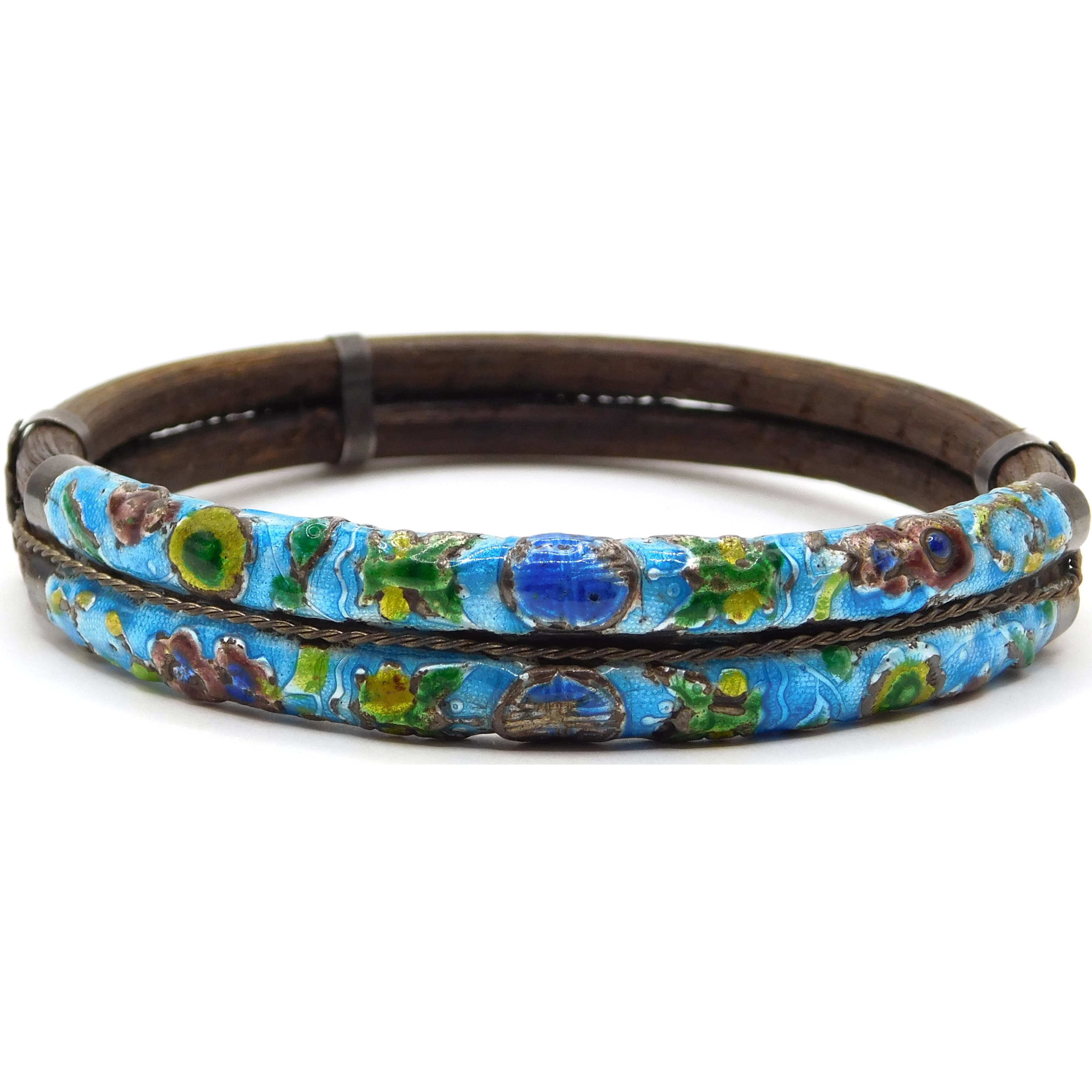 ANTIQUE CHINESE SILVER CLOISONNÉ ENAMEL & RATTAN DOUBLE BANGLE BRACELET